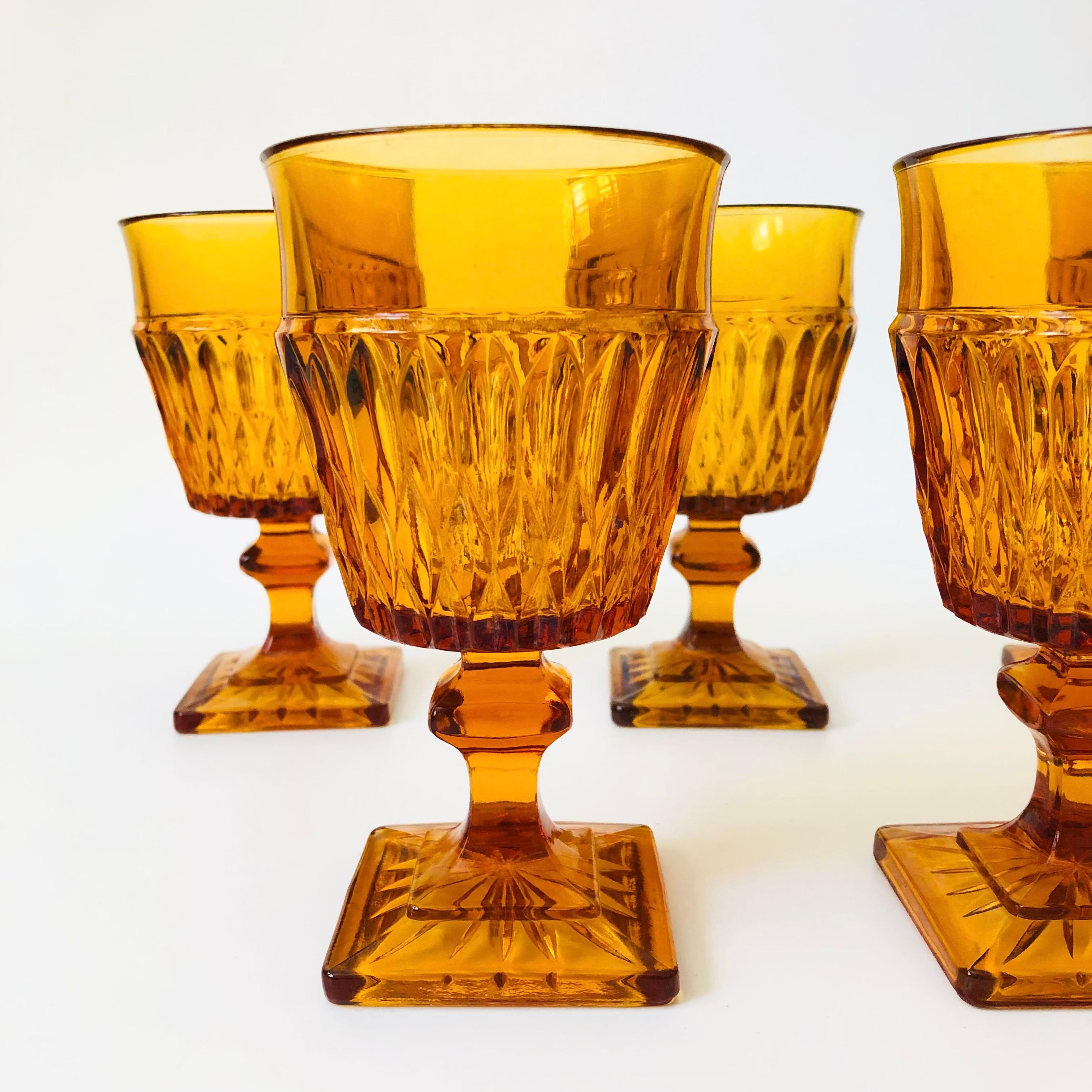 Mid-Century Modern Amber Wine Goblets by Indiana Glass - Set of 5 For Sale