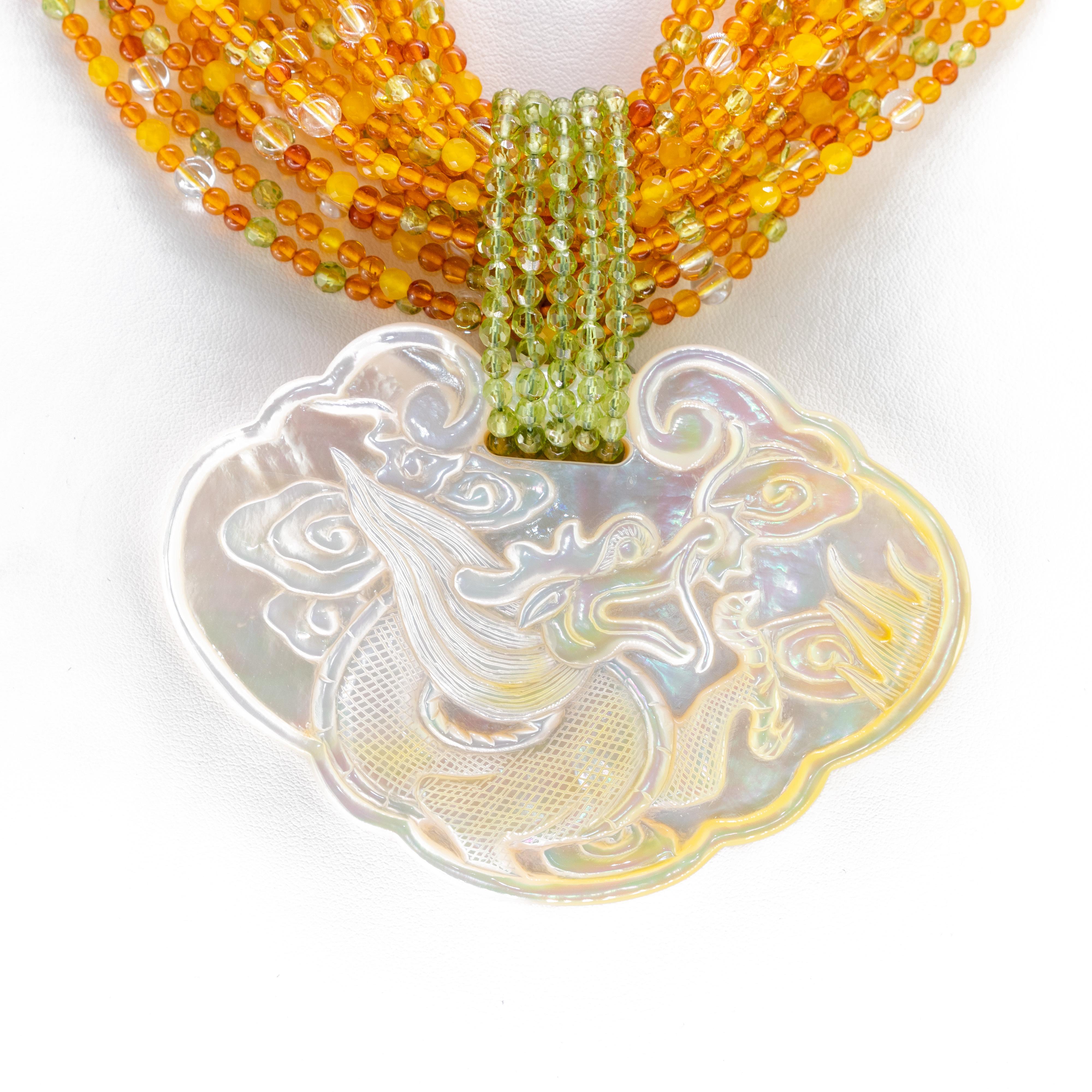 Women's Amber Yellow Agate Peridot Mother of Pearl Pendant Golden Silver Beaded Necklace