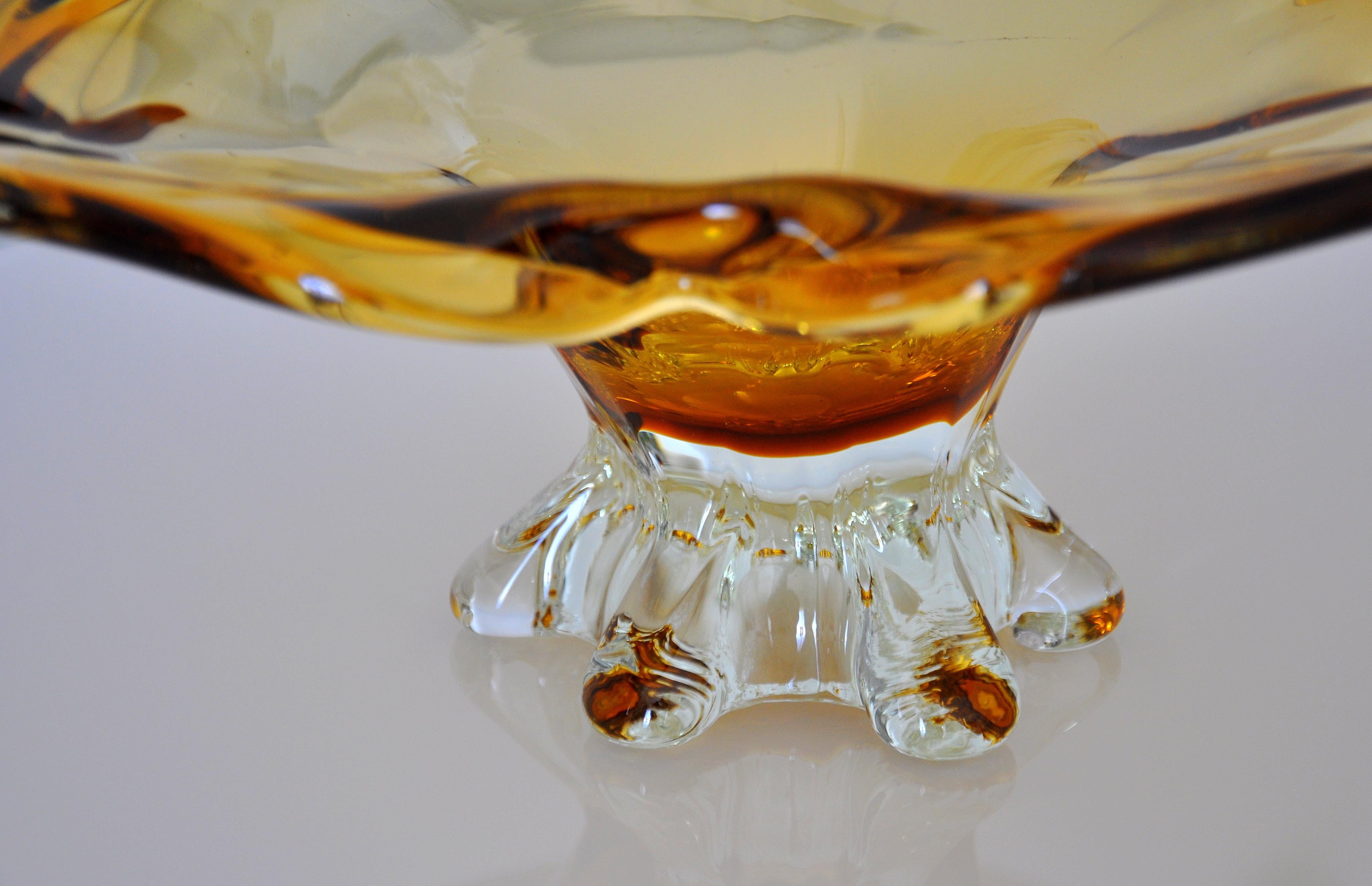 Amber Yellow Murano Glass Compote Footed Bowl For Sale 2