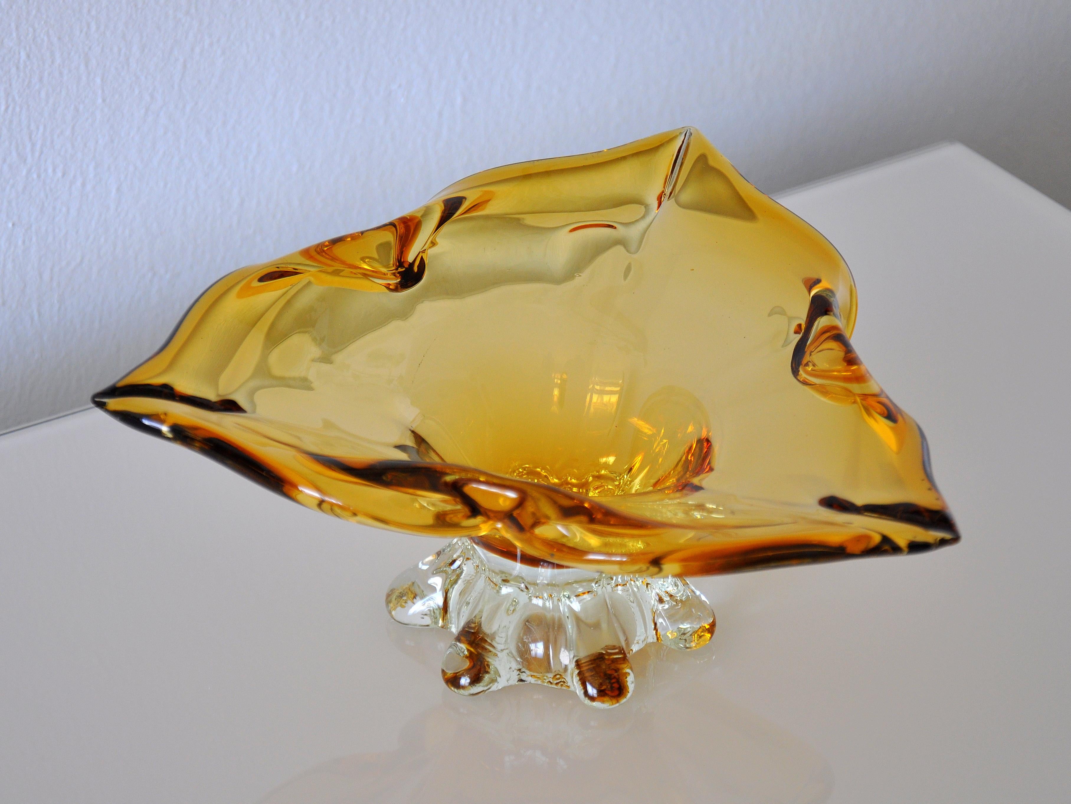 Amber Yellow Murano Glass Compote Footed Bowl For Sale 3