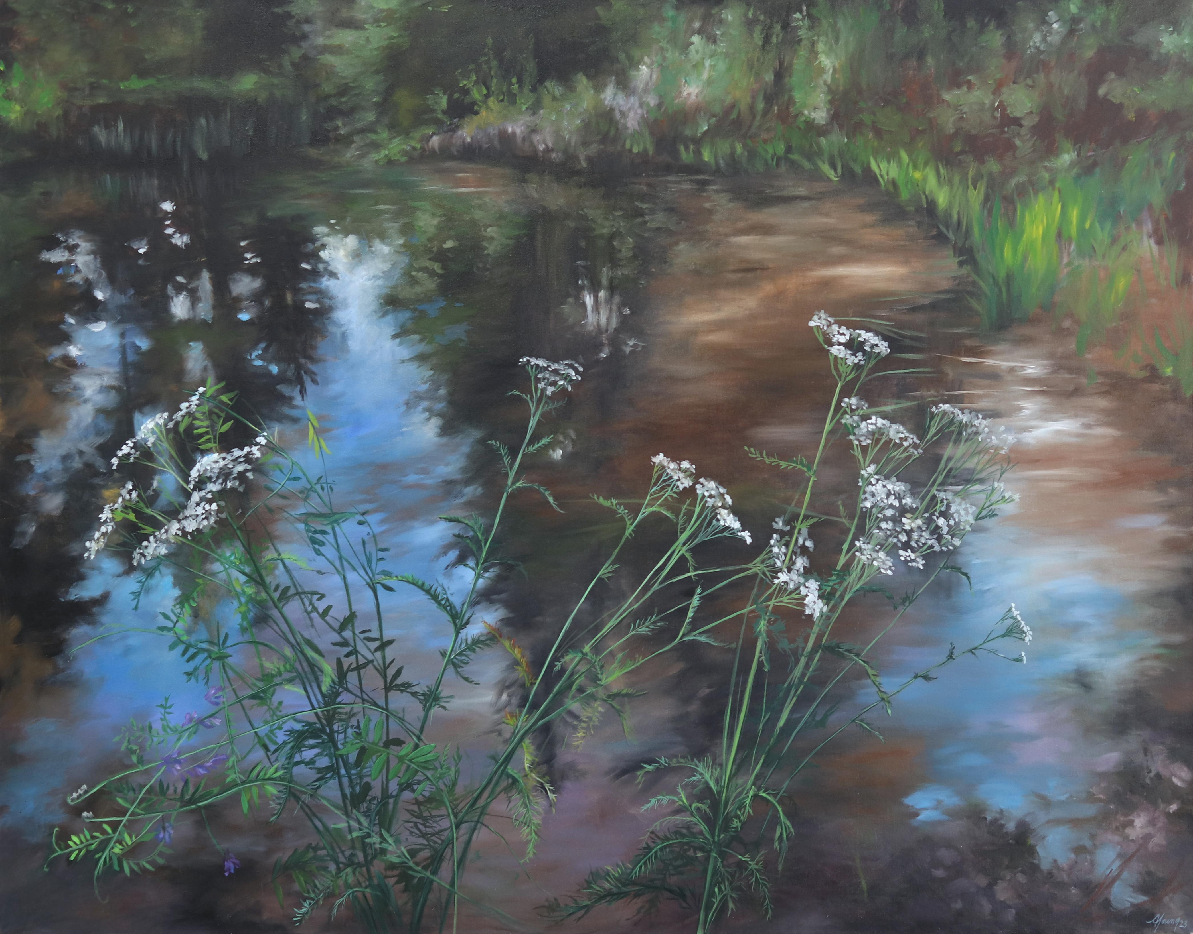 Étang de Lornes avec achillée - Nature Landscape Romantic Realism