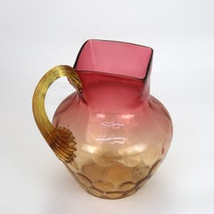 Amberina Coinspot Glass Juice Pitcher with Applied Reeded Glass Handle c1940