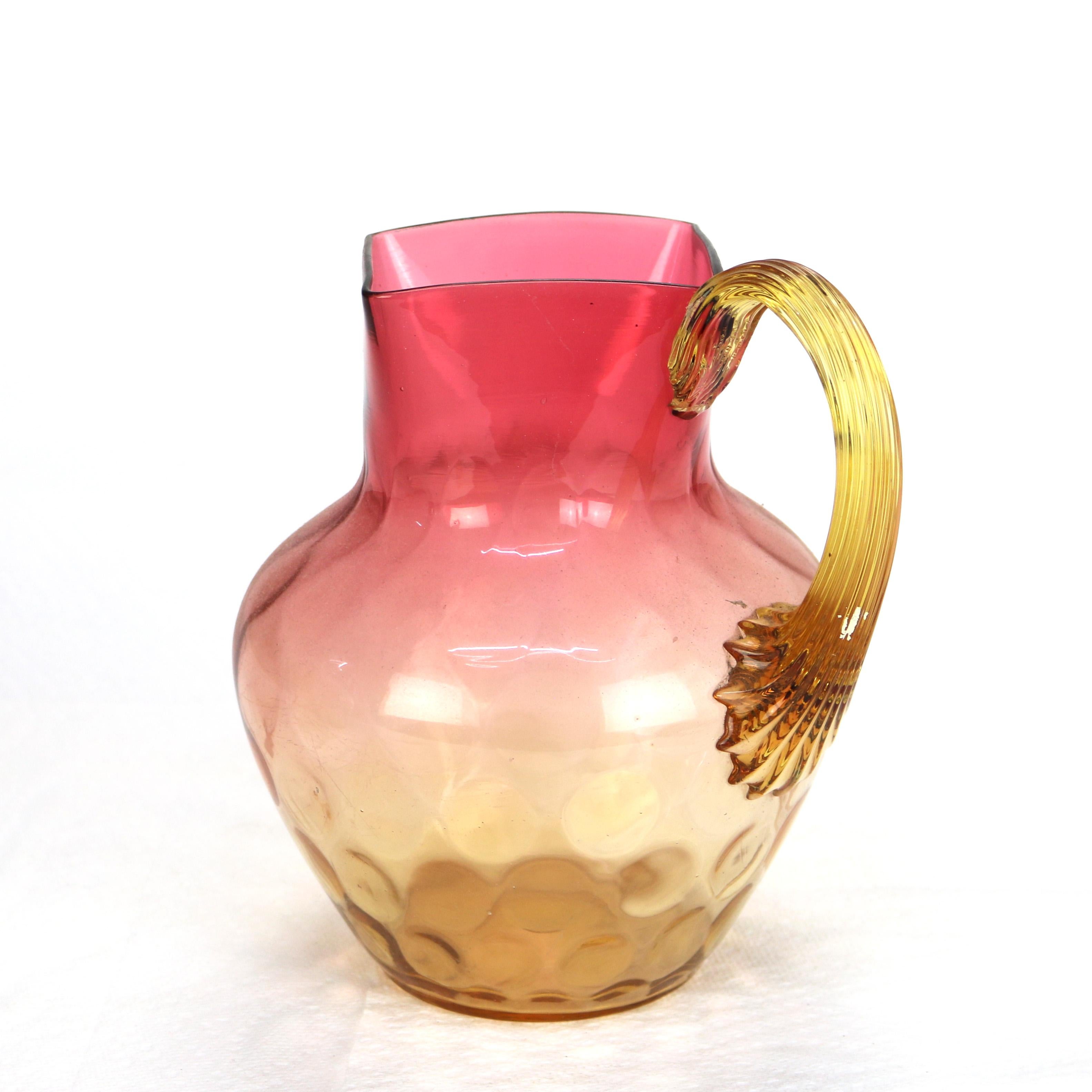 Amberina Coinspot Glass Juice Pitcher with Applied Reeded Glass Handle c1940 In Good Condition In Big Flats, NY