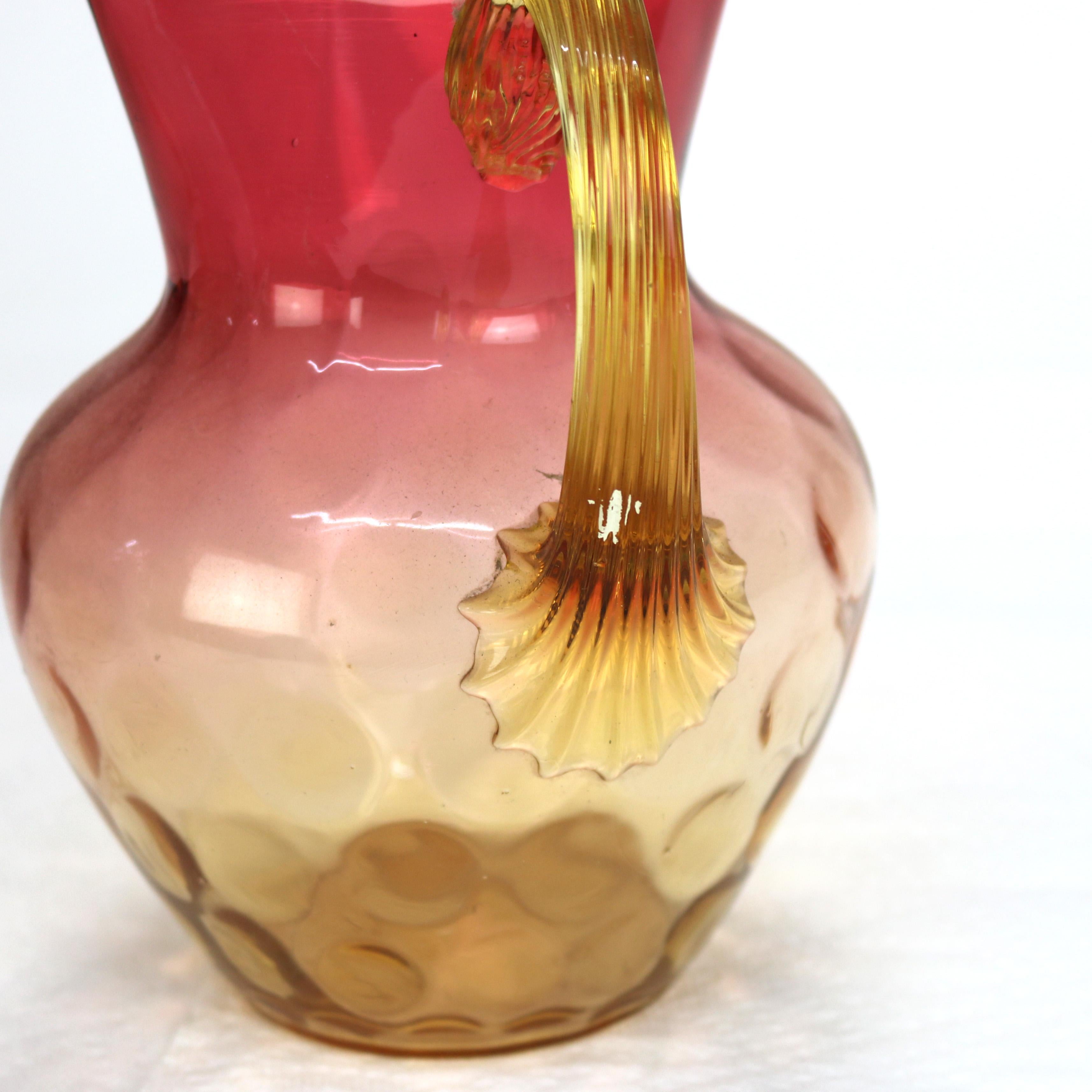 20th Century Amberina Coinspot Glass Juice Pitcher with Applied Reeded Glass Handle c1940