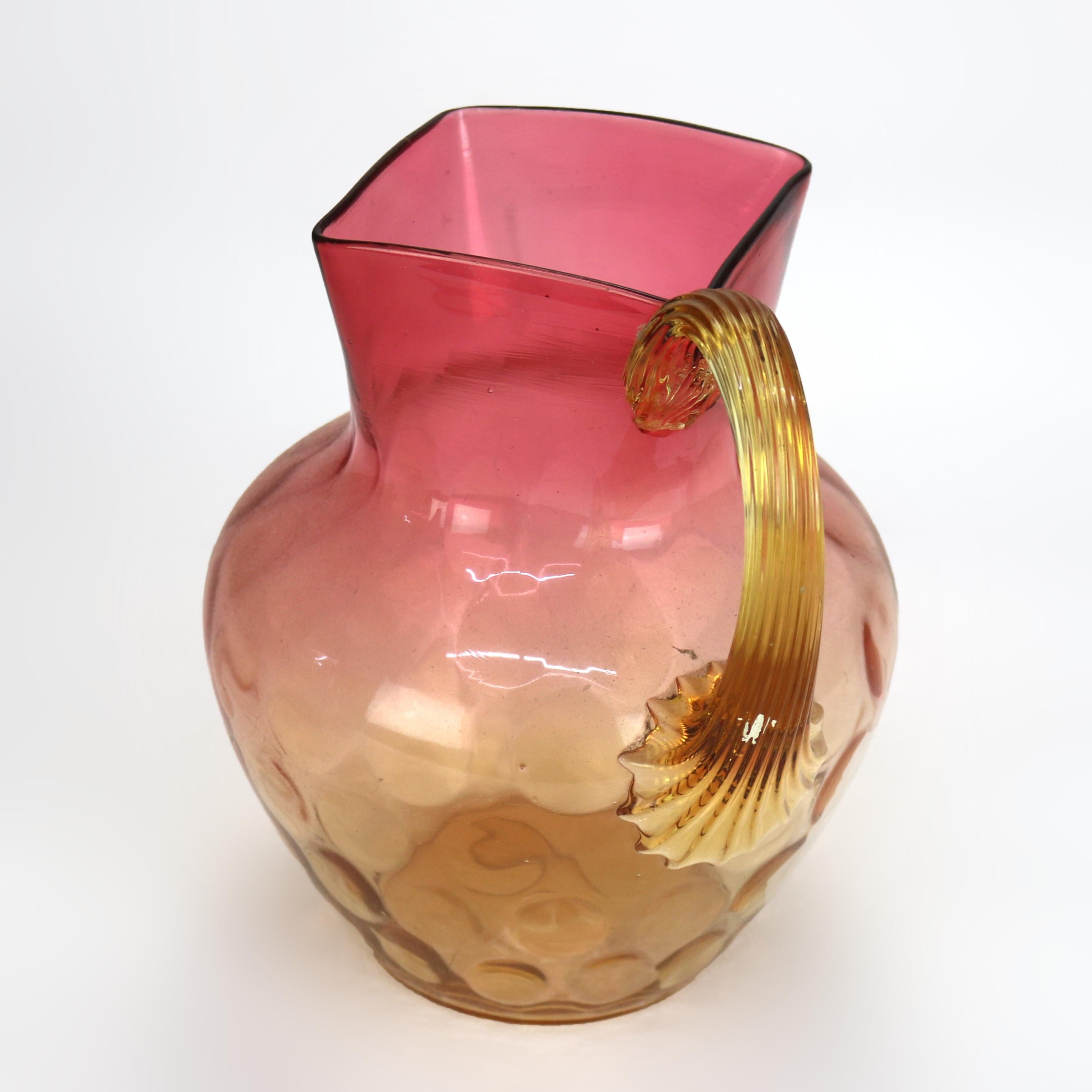 Art Glass Amberina Coinspot Glass Juice Pitcher with Applied Reeded Glass Handle c1940