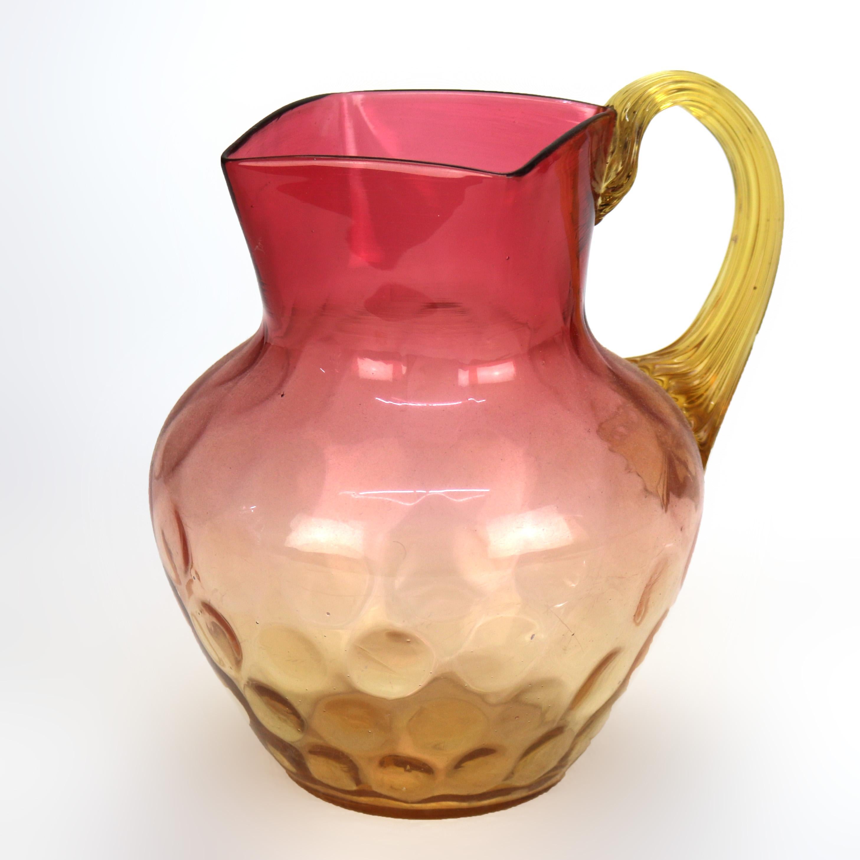 Amberina Coinspot Glass Juice Pitcher with Applied Reeded Glass Handle c1940 1