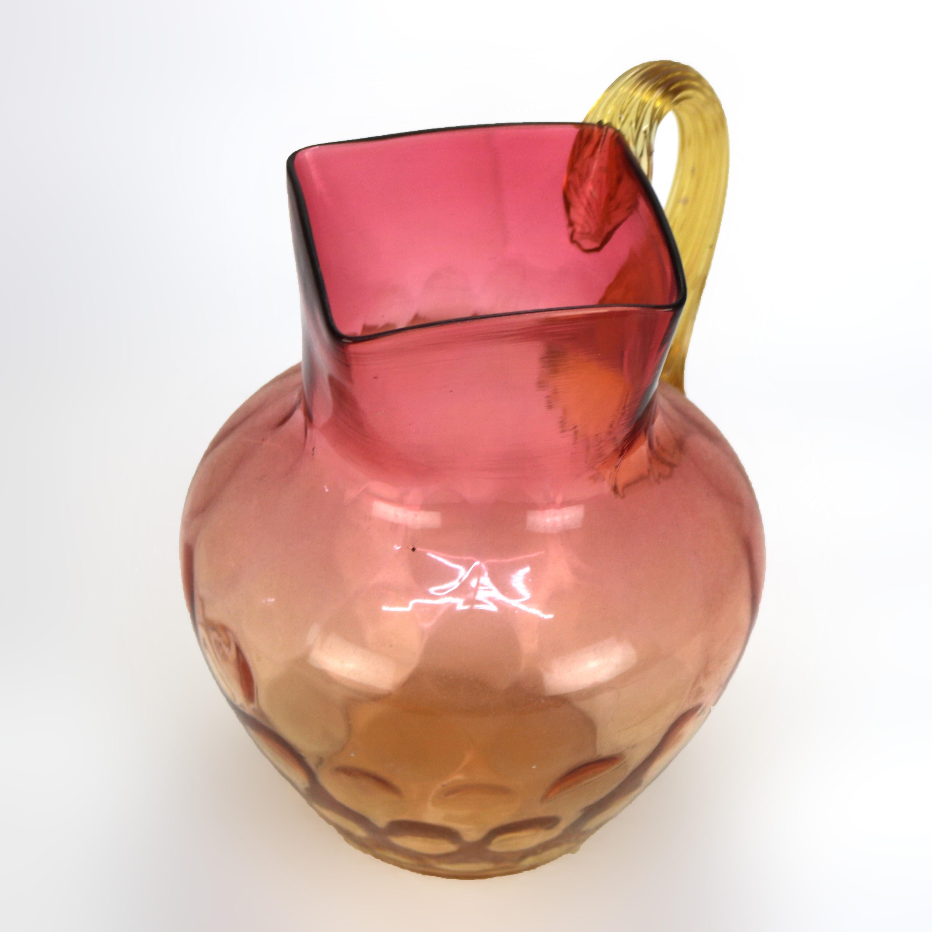 Amberina Coinspot Glass Juice Pitcher with Applied Reeded Glass Handle c1940 2