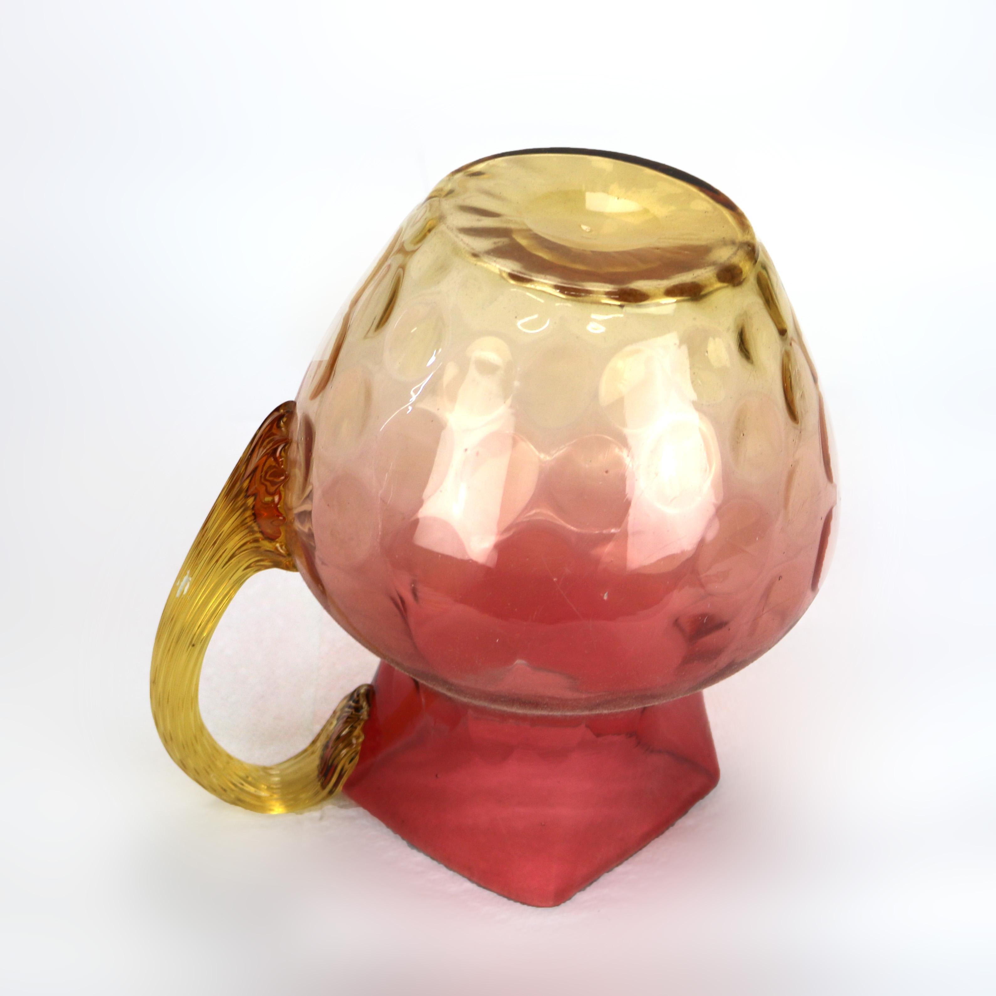 Amberina Coinspot Glass Juice Pitcher with Applied Reeded Glass Handle c1940 3