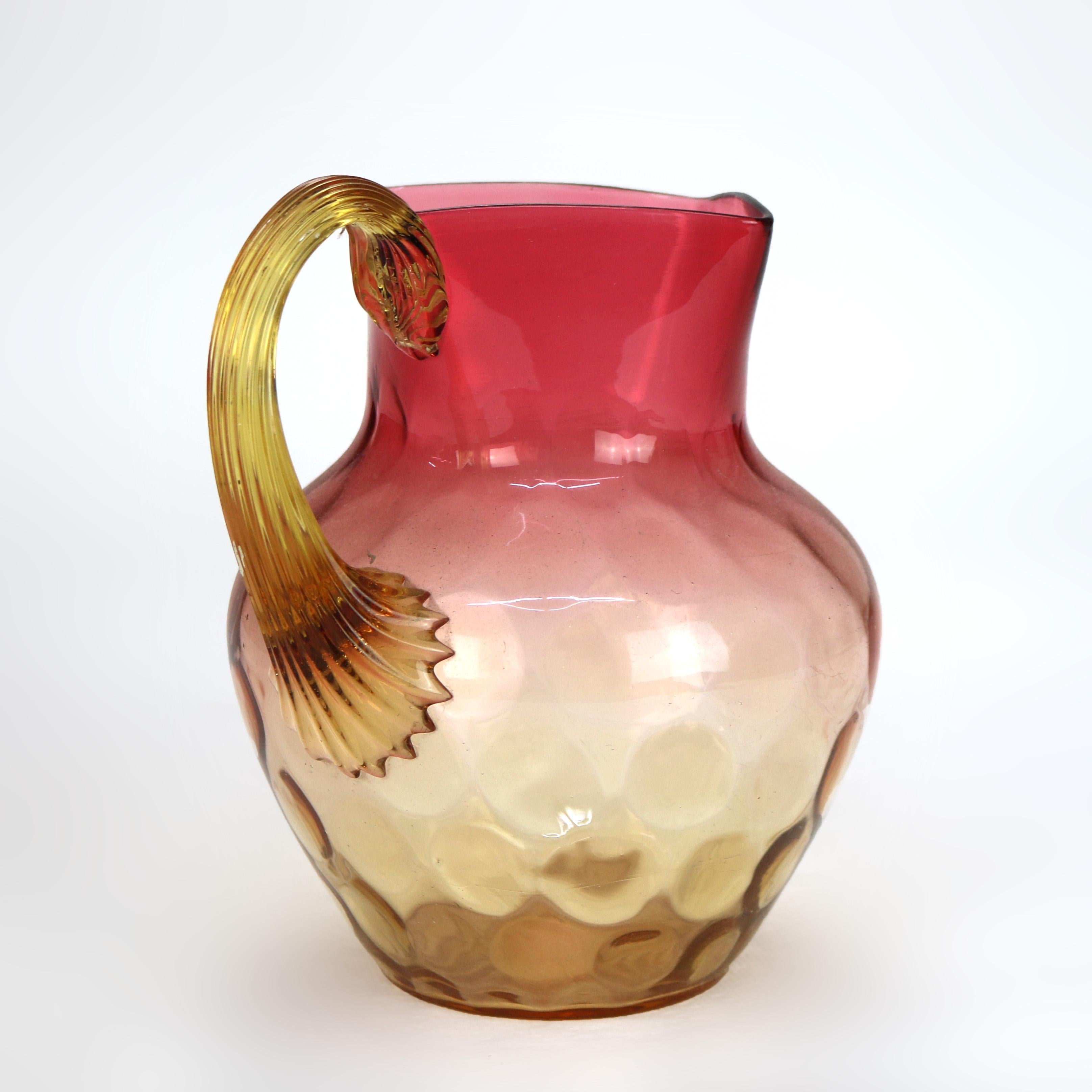 Amberina Coinspot Glass Juice Pitcher with Applied Reeded Glass Handle c1940 4