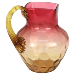 Amberina Coinspot Glass Juice Pitcher with Applied Reeded Glass Handle c1940