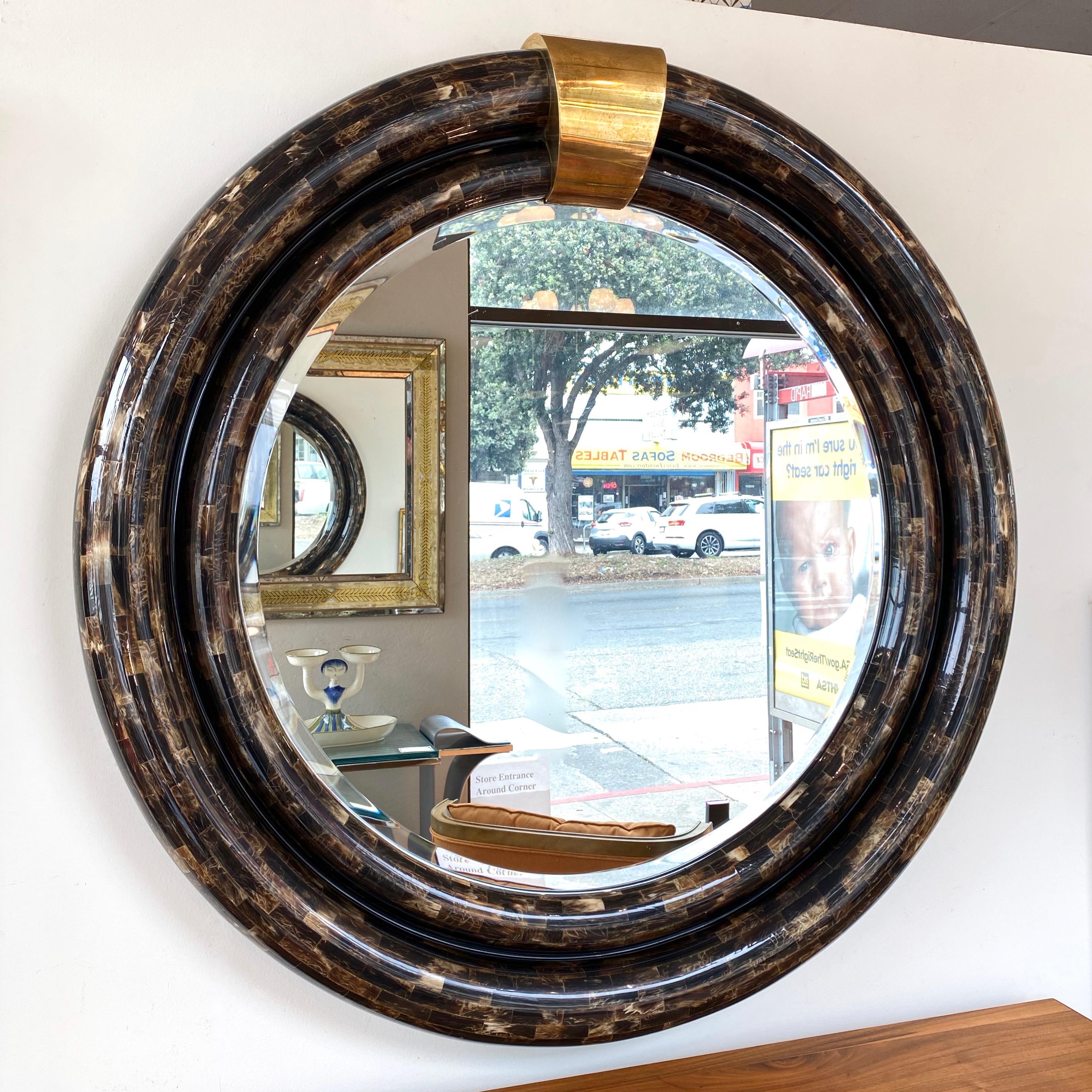 Mid-Century Modern Ambience Tessellated Horn & Brass Mirror in the Manner of Enrique Garcel, 1970s
