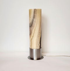 Ambient Brown Onyx Table Lamp with Leather-Backed Stainless Steel Base