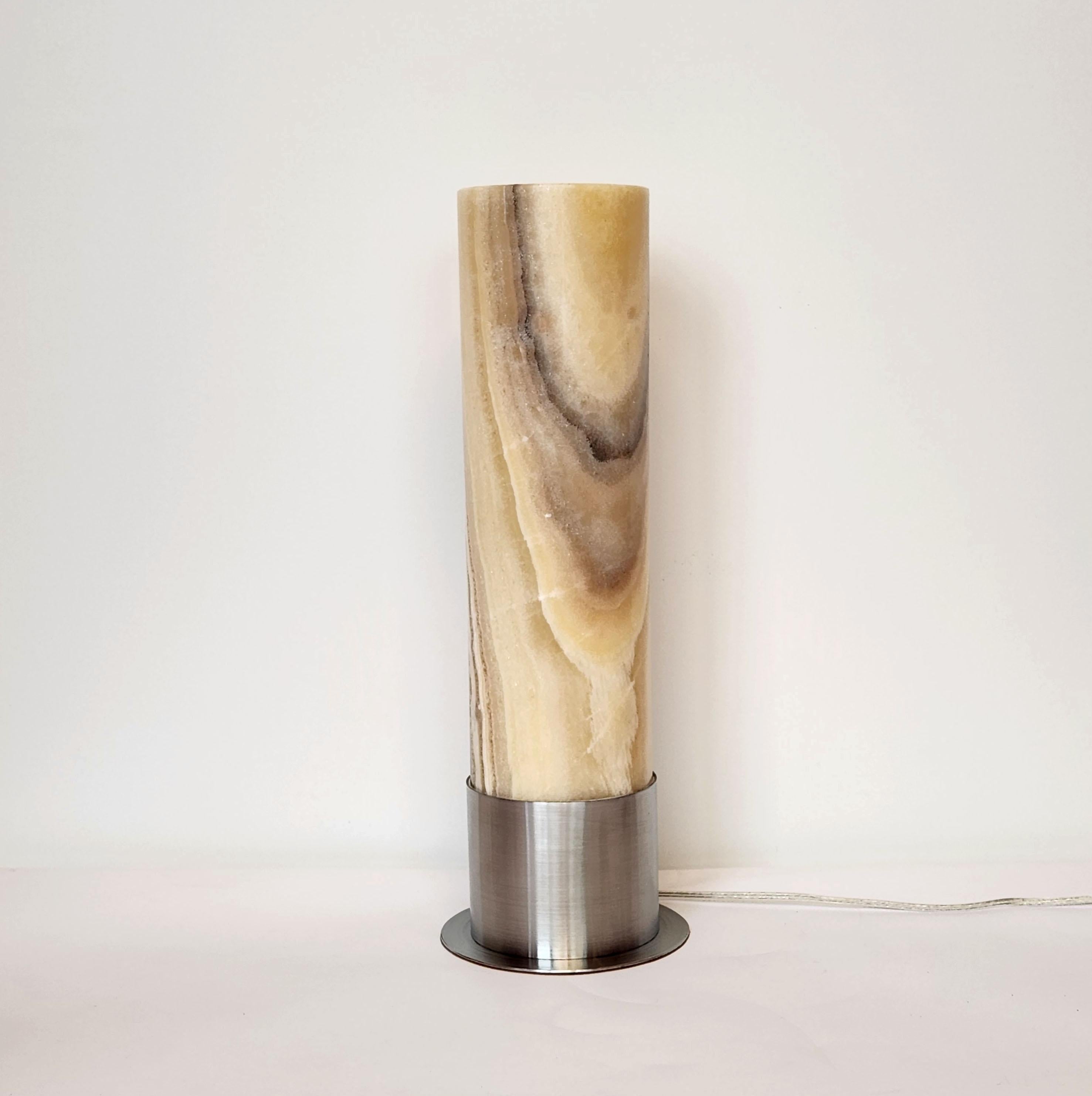 Modern Ambient Brown Onyx Table Lamp with Leather-Backed Stainless Steel Base For Sale