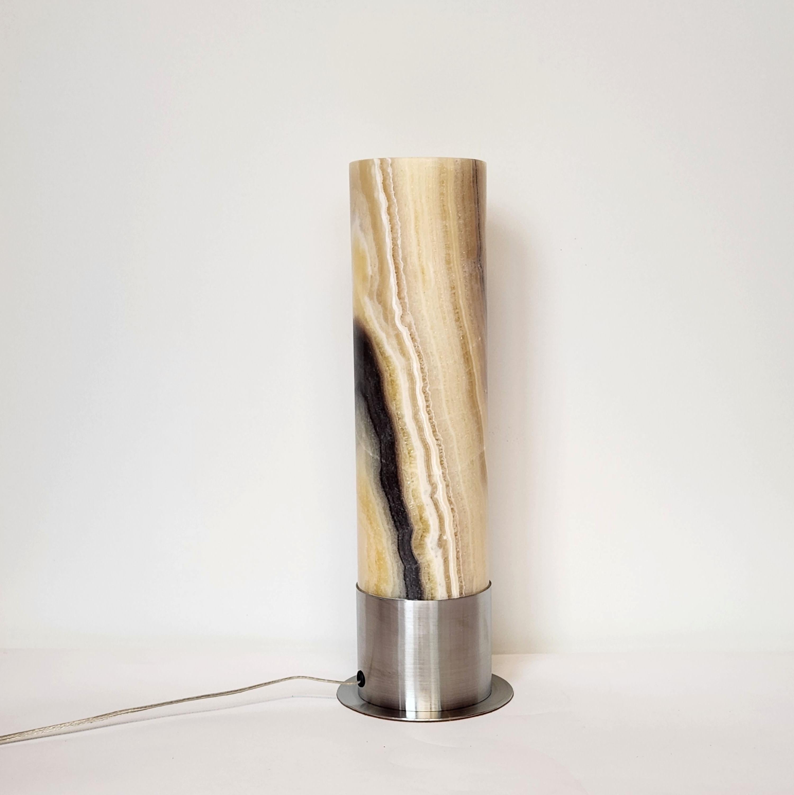 Mexican Ambient Brown Onyx Table Lamp with Leather-Backed Stainless Steel Base For Sale