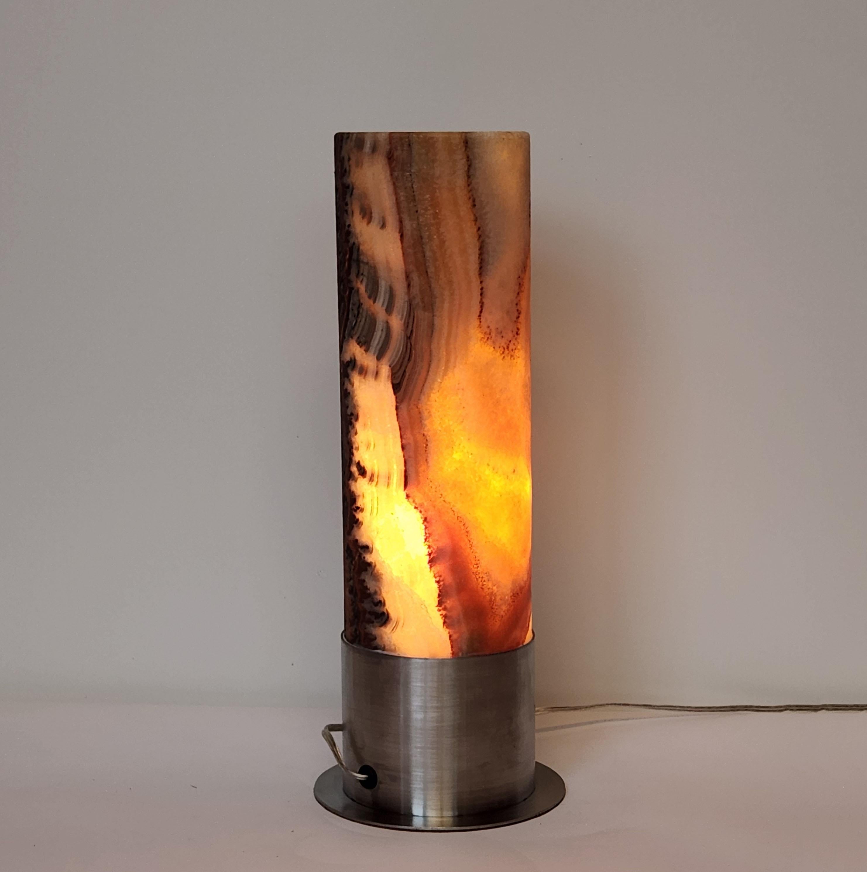 Mexican Ambient Brown Onyx Table Lamp with Leather-Backed Stainless Steel Base For Sale