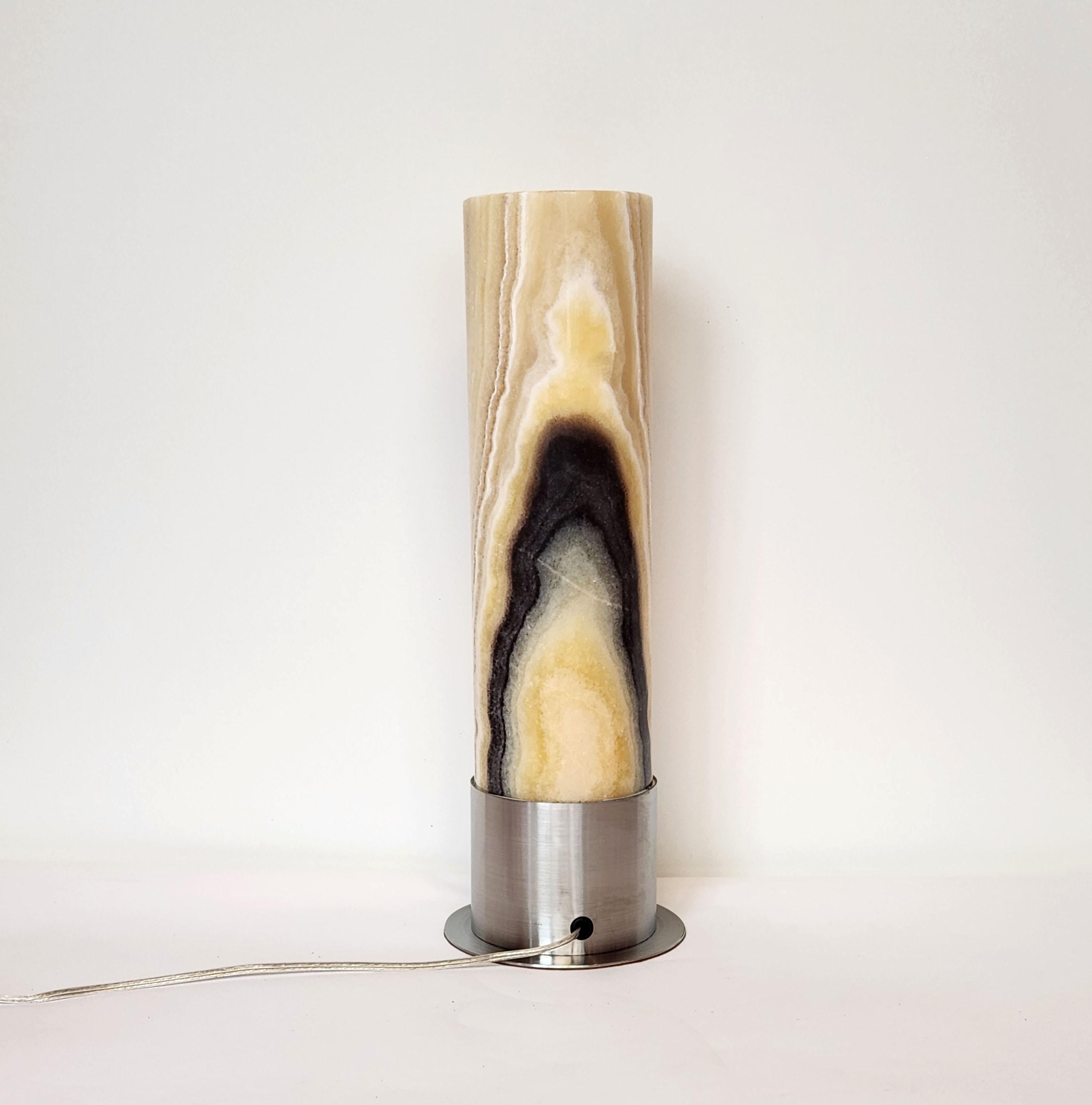 Hand-Carved Ambient Brown Onyx Table Lamp with Leather-Backed Stainless Steel Base For Sale