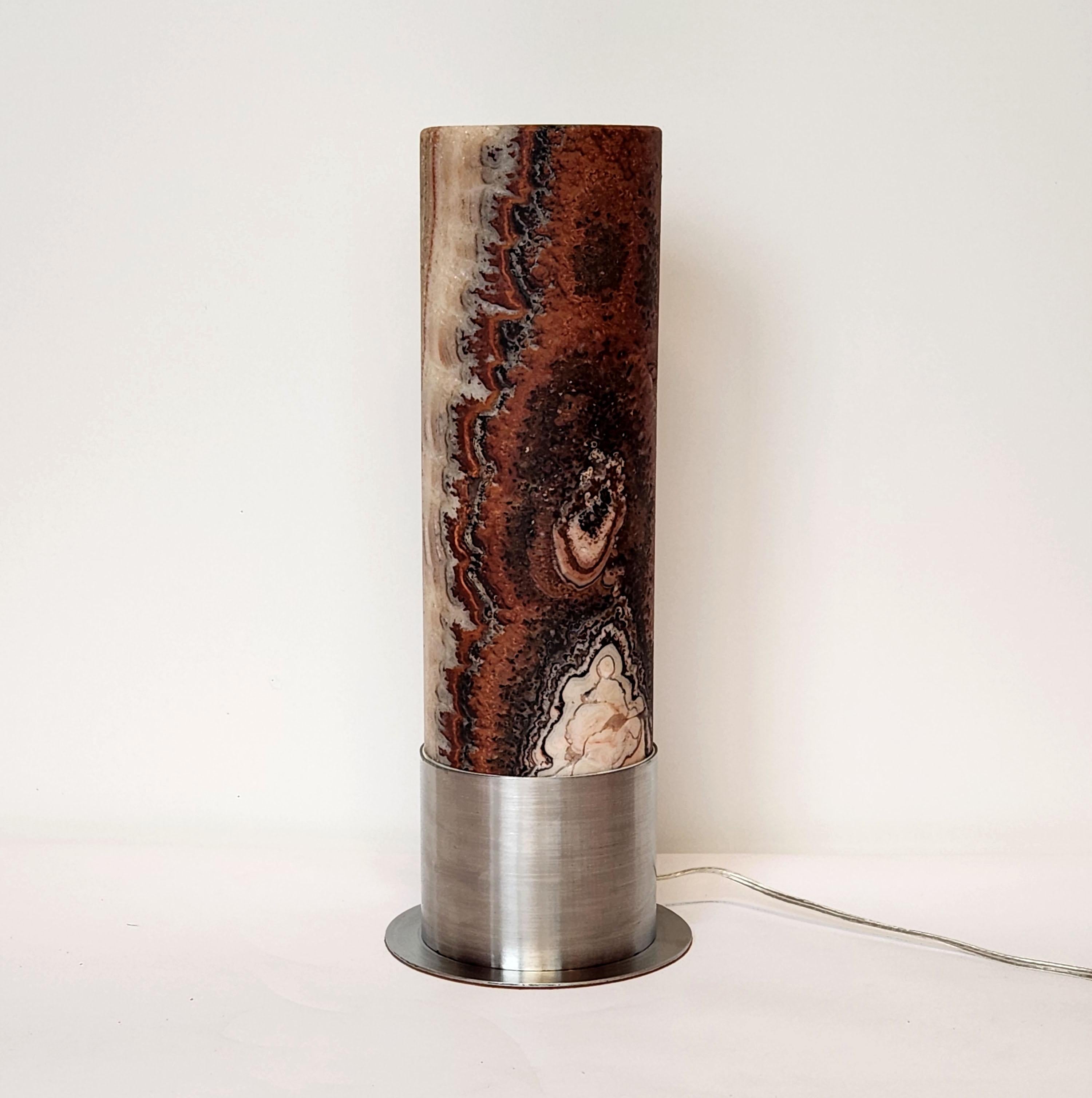 Ambient Brown Onyx Table Lamp with Leather-Backed Stainless Steel Base In New Condition For Sale In Stratford, CT