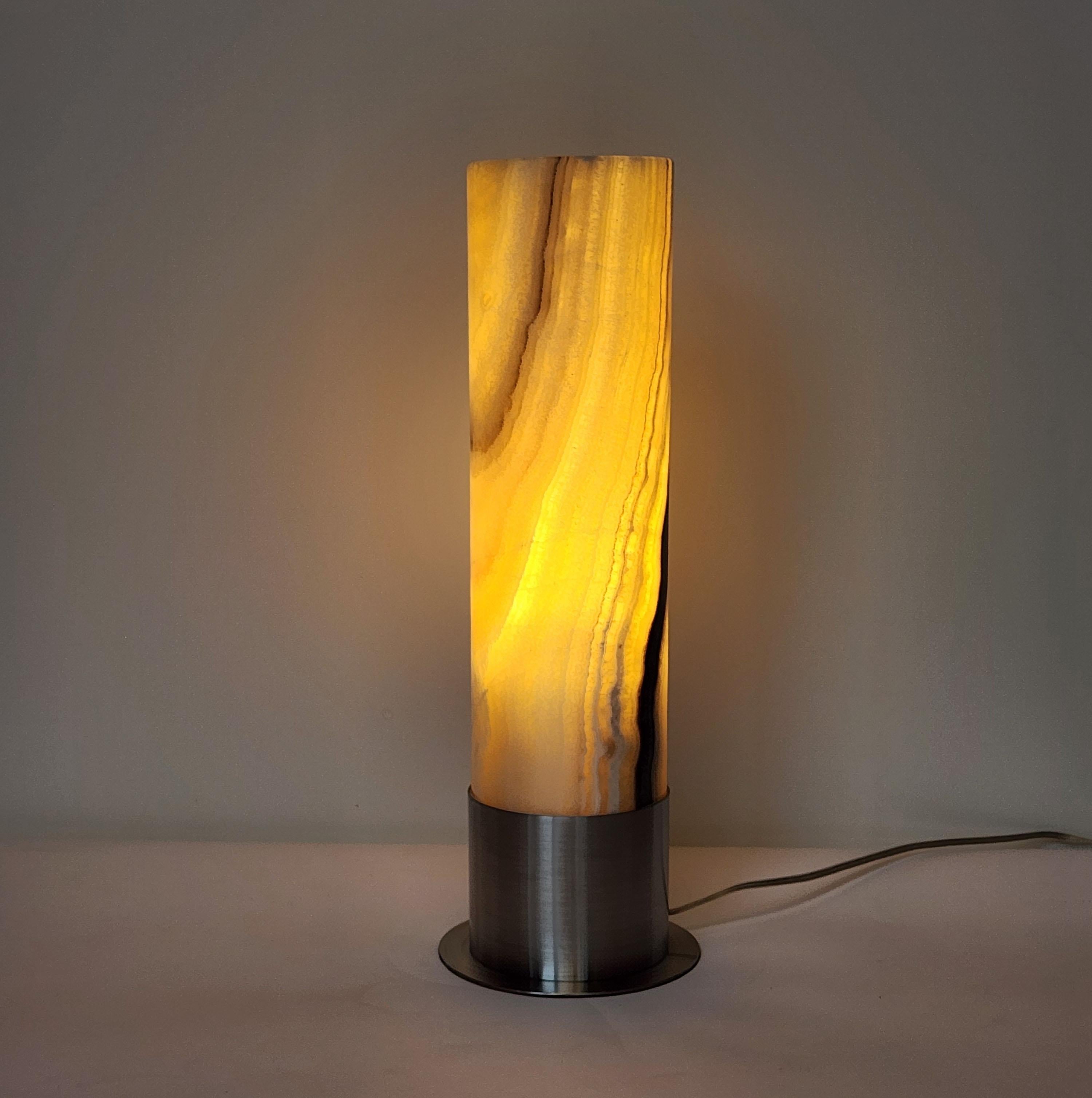 Contemporary Ambient Brown Onyx Table Lamp with Leather-Backed Stainless Steel Base For Sale