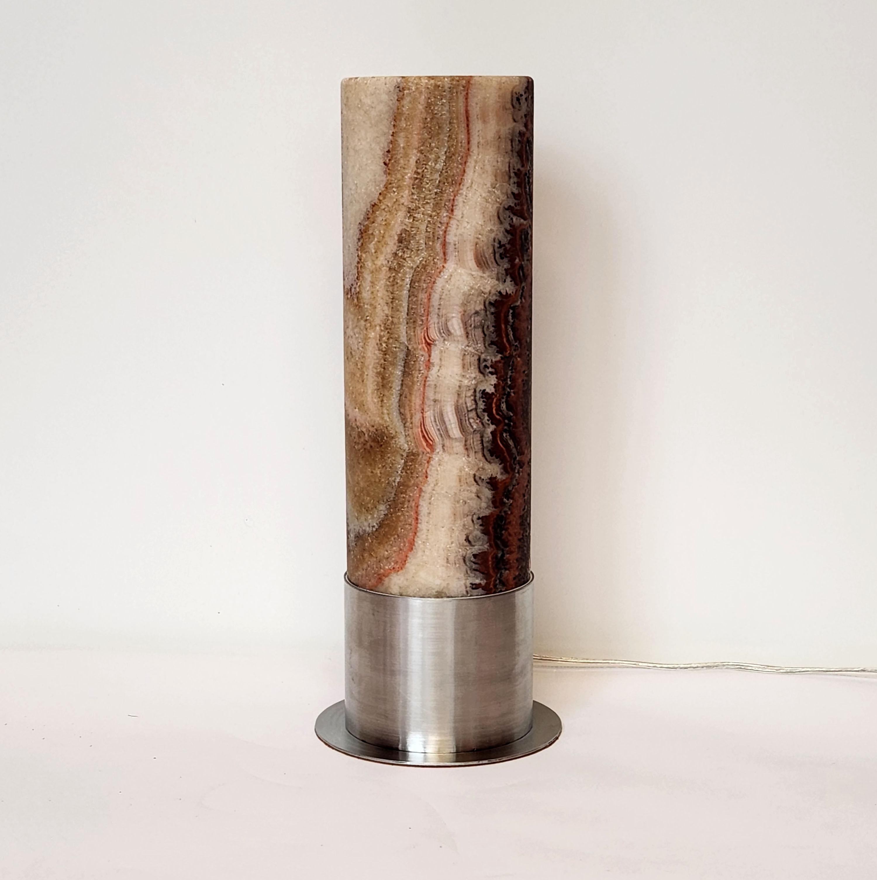 Contemporary Ambient Brown Onyx Table Lamp with Leather-Backed Stainless Steel Base For Sale