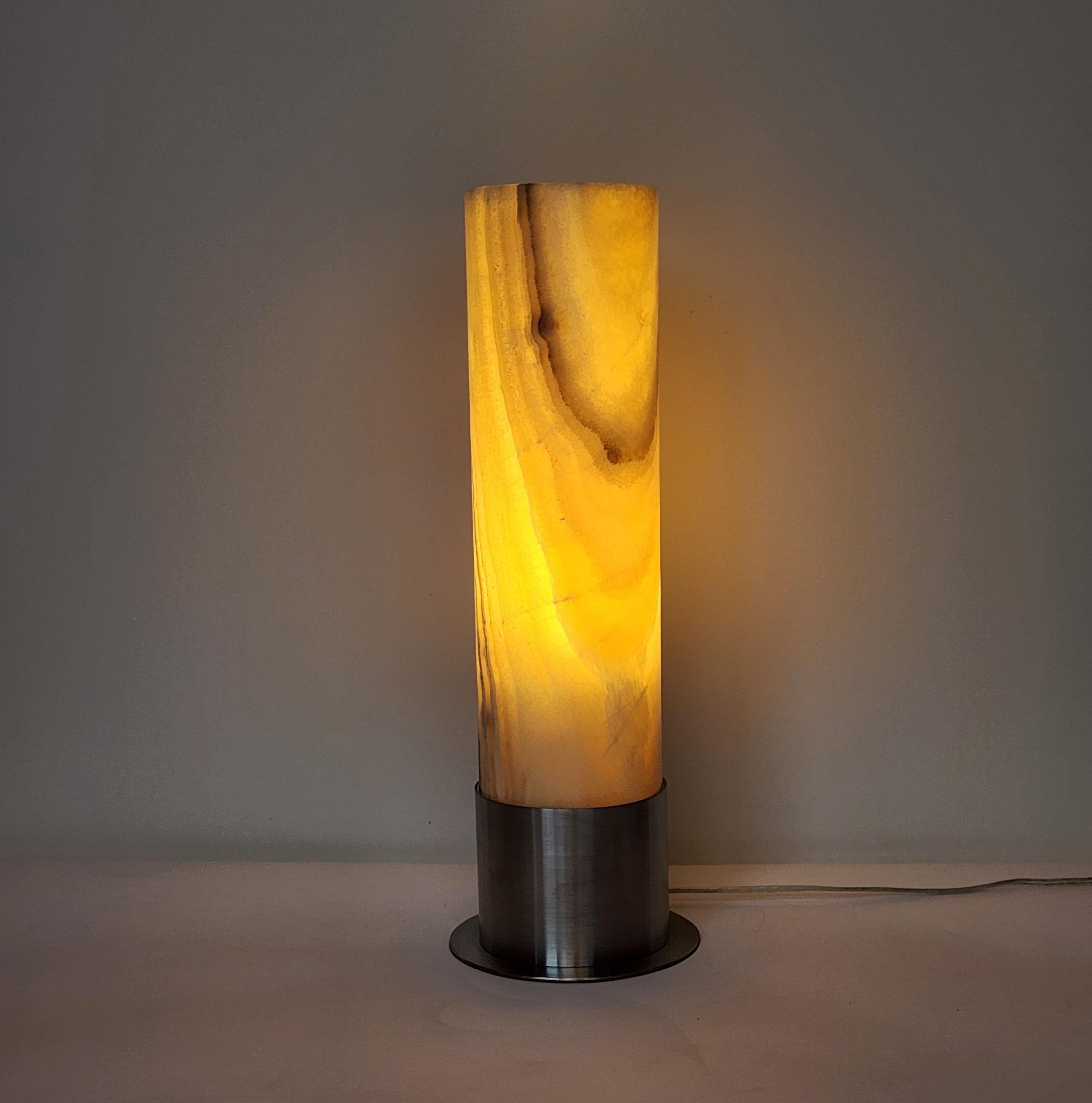 Ambient Brown Onyx Table Lamp with Leather-Backed Stainless Steel Base For Sale 1