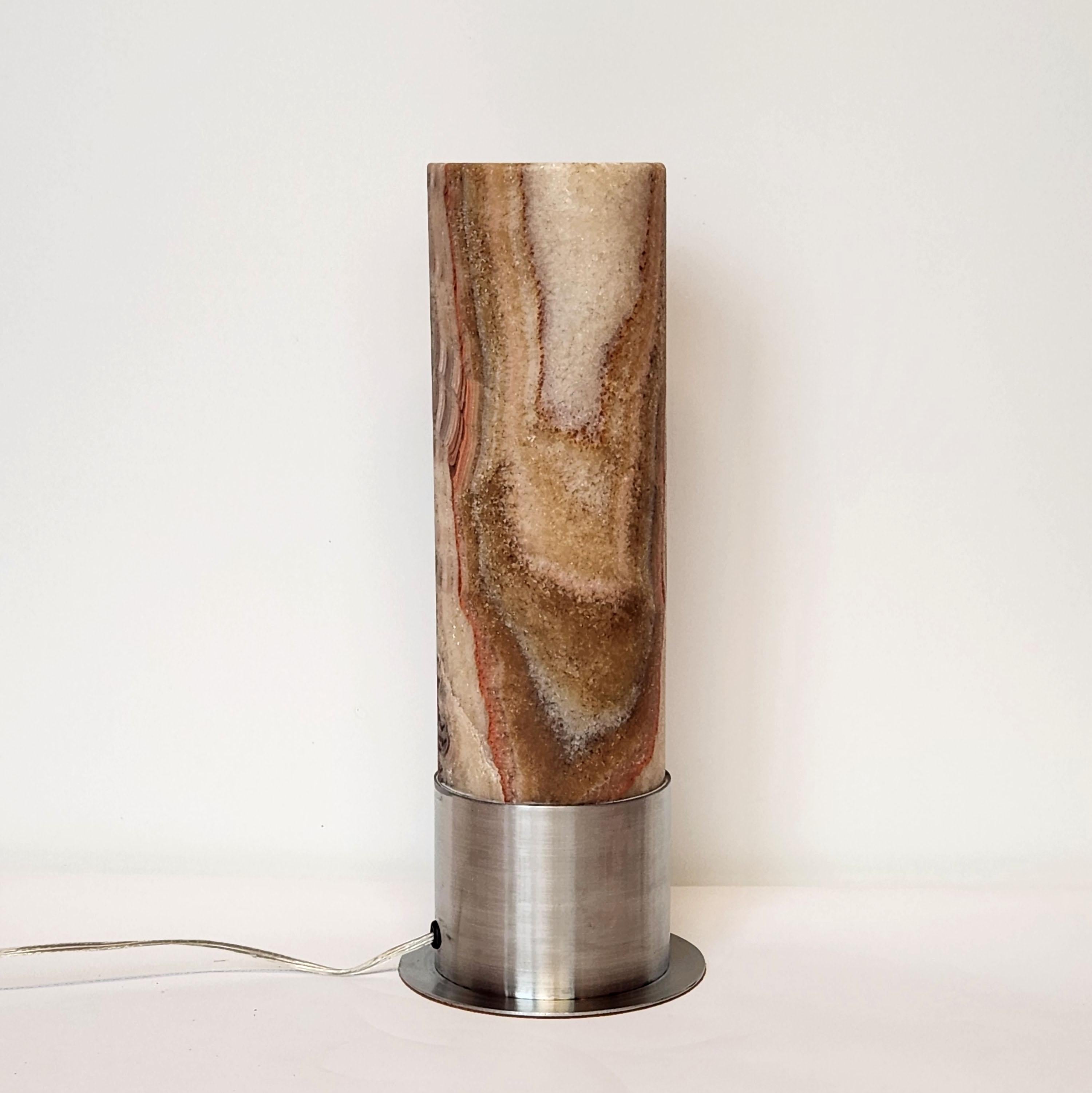 Ambient Brown Onyx Table Lamp with Leather-Backed Stainless Steel Base For Sale 1