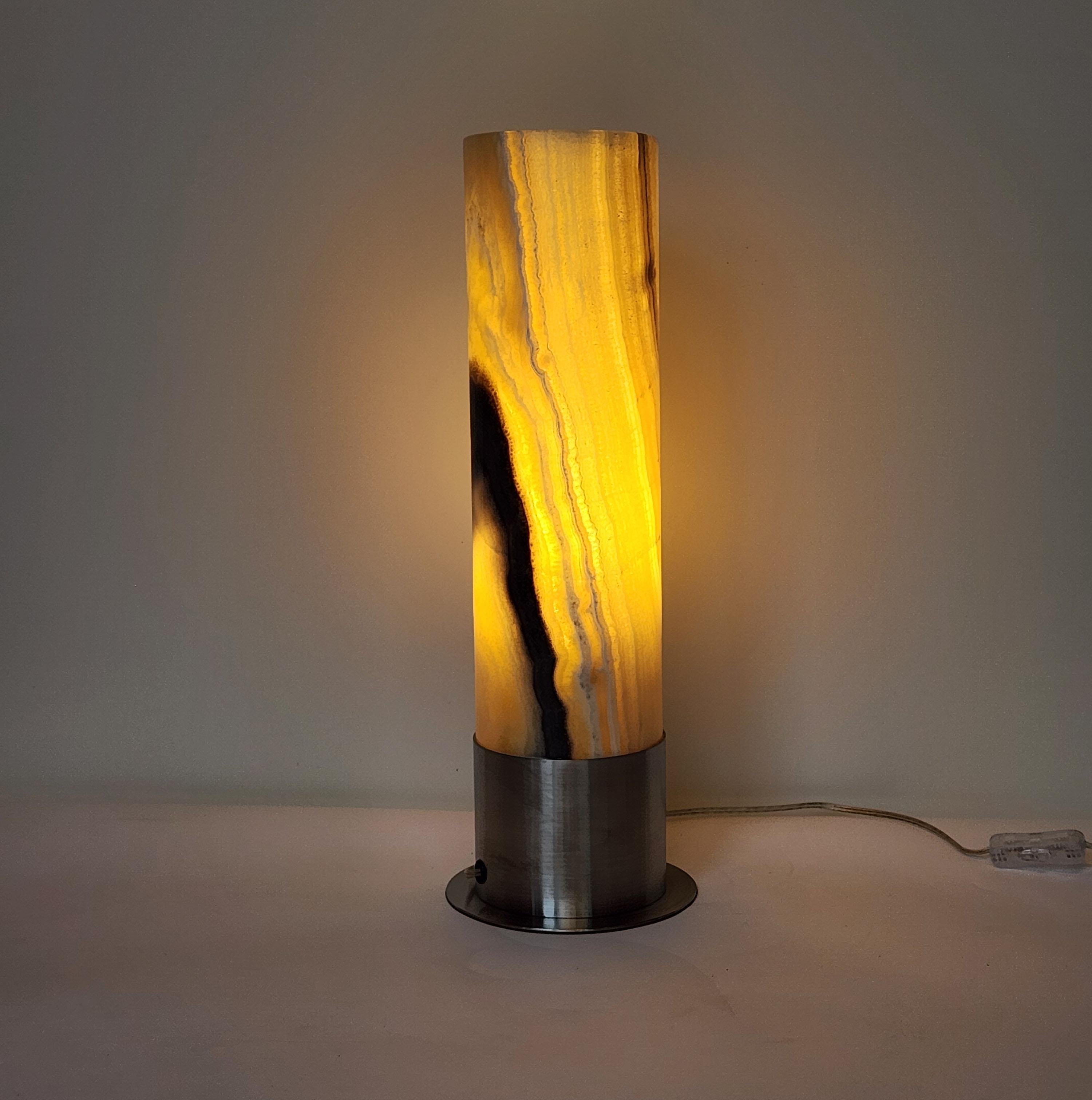 Ambient Brown Onyx Table Lamp with Leather-Backed Stainless Steel Base For Sale 2