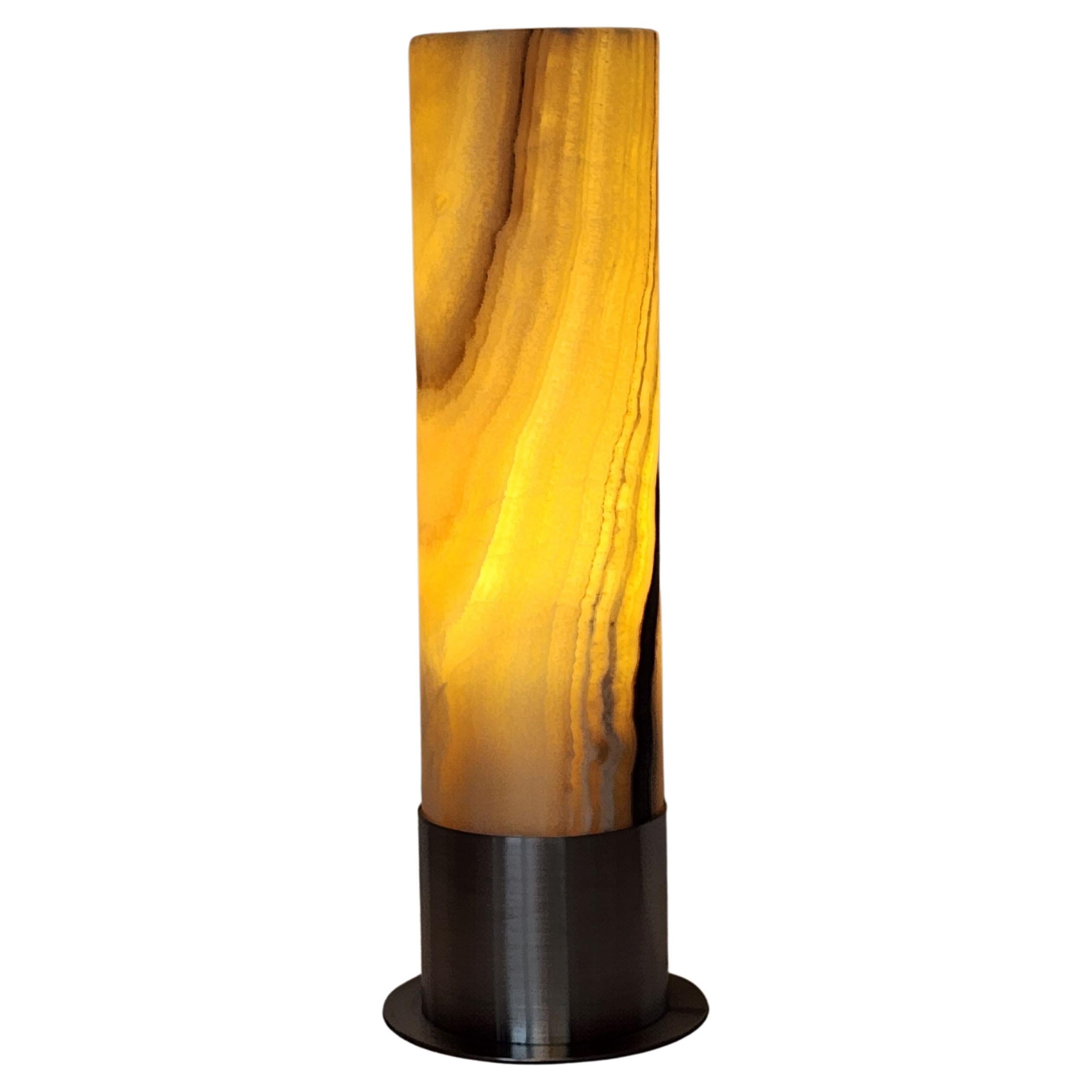 Ambient Brown Onyx Table Lamp with Leather-Backed Stainless Steel Base For Sale