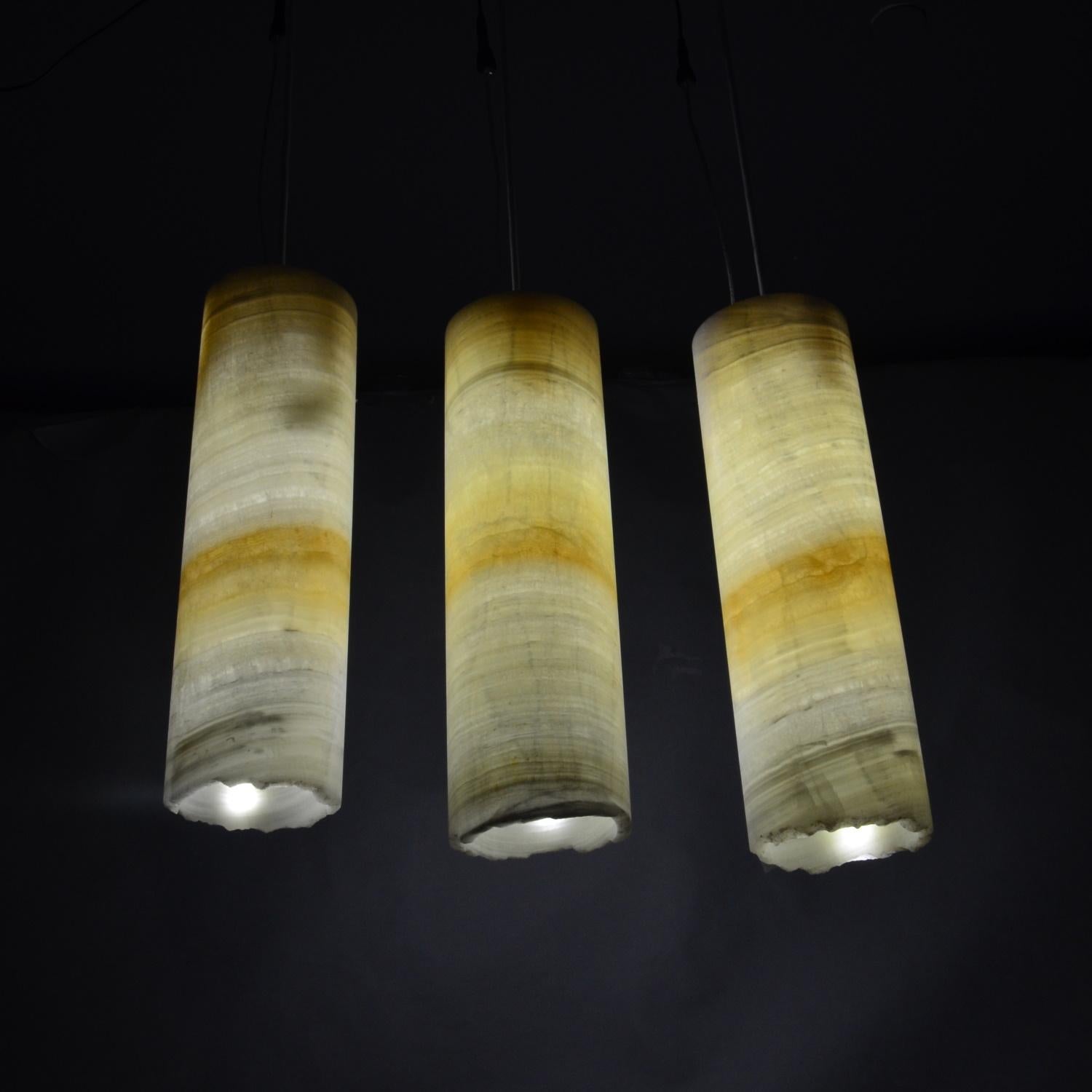 Hand-Carved Set of 3 Ambient Ceiling Lamps in Onyx