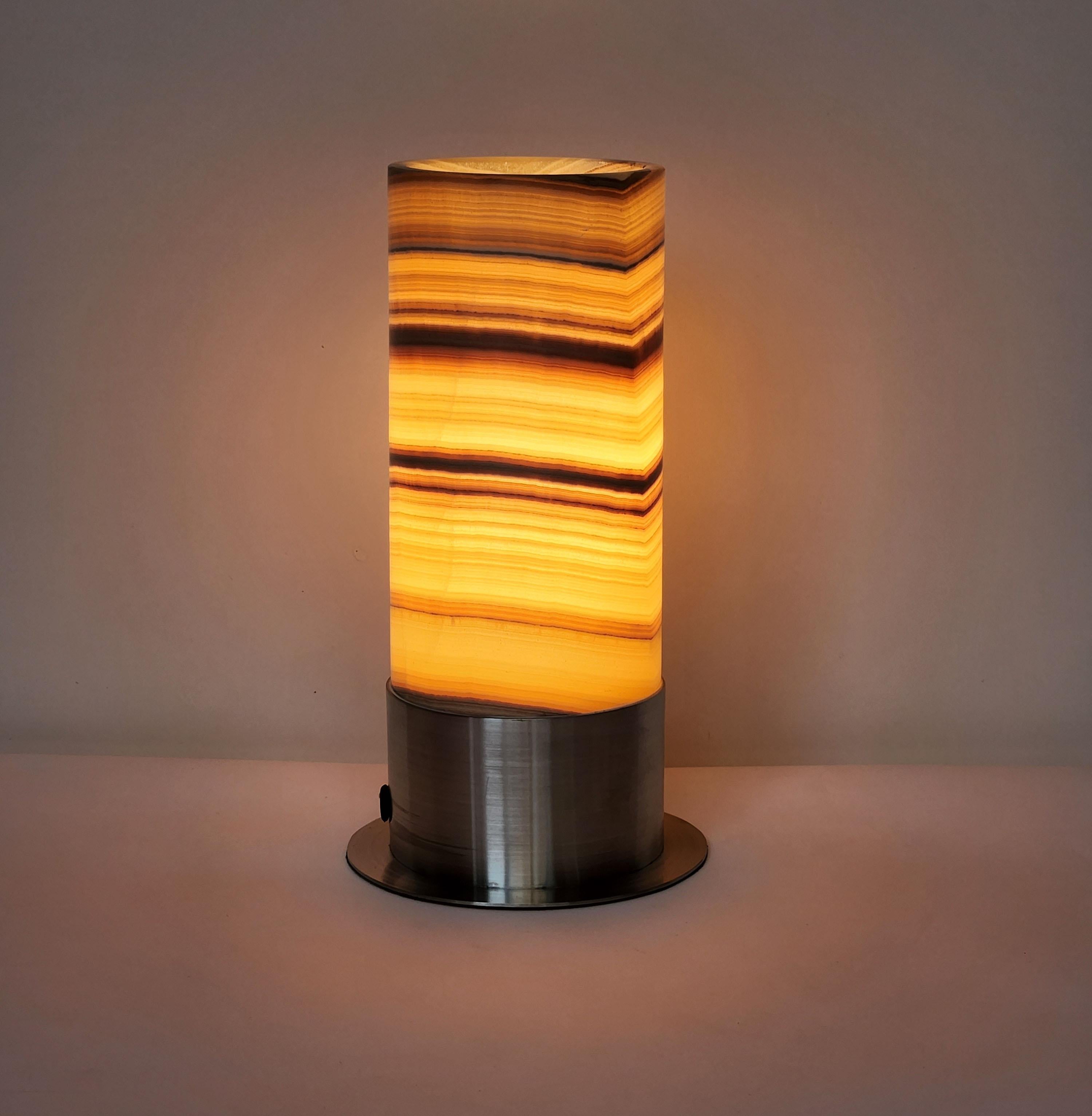 Modern Ambient Onyx Table Lamp with Leather-Backed Stainless Steel Base For Sale