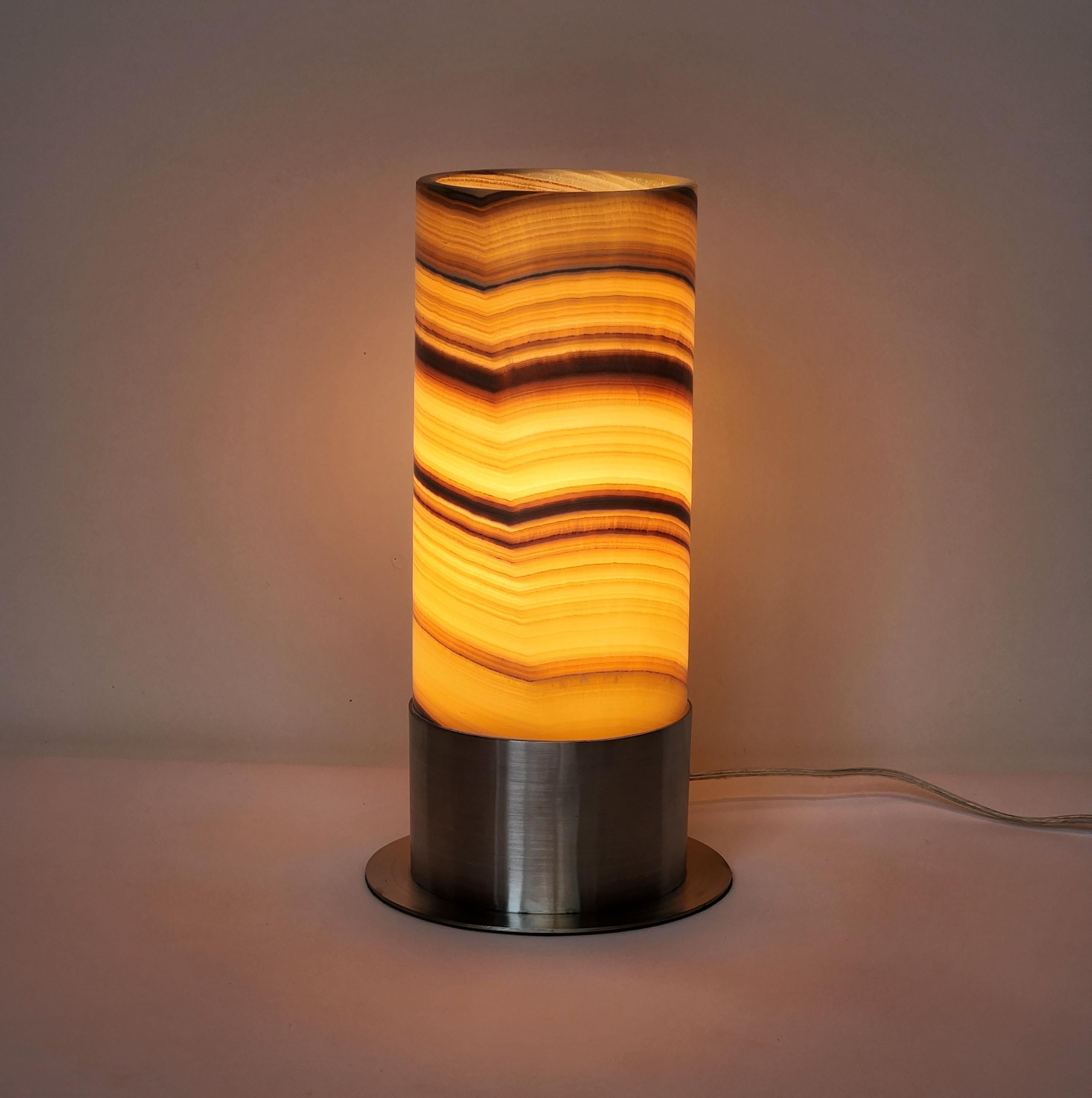 Mexican Ambient Onyx Table Lamp with Leather-Backed Stainless Steel Base For Sale