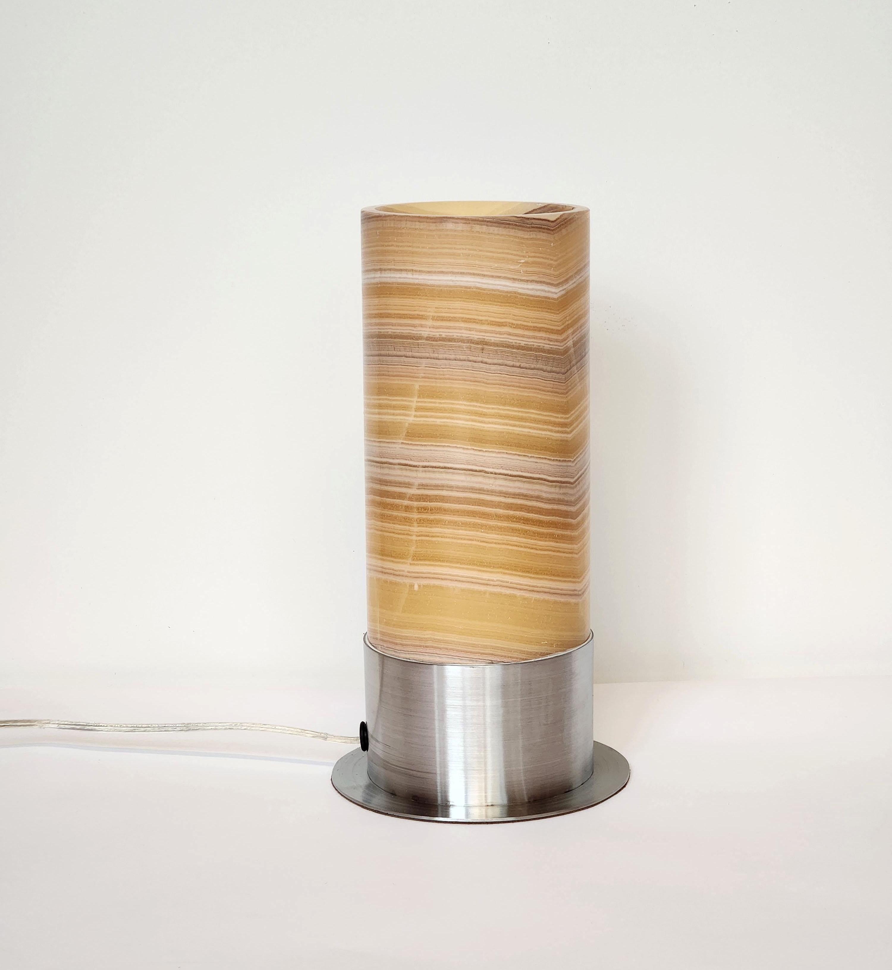 Hand-Carved Ambient Onyx Table Lamp with Leather-Backed Stainless Steel Base For Sale