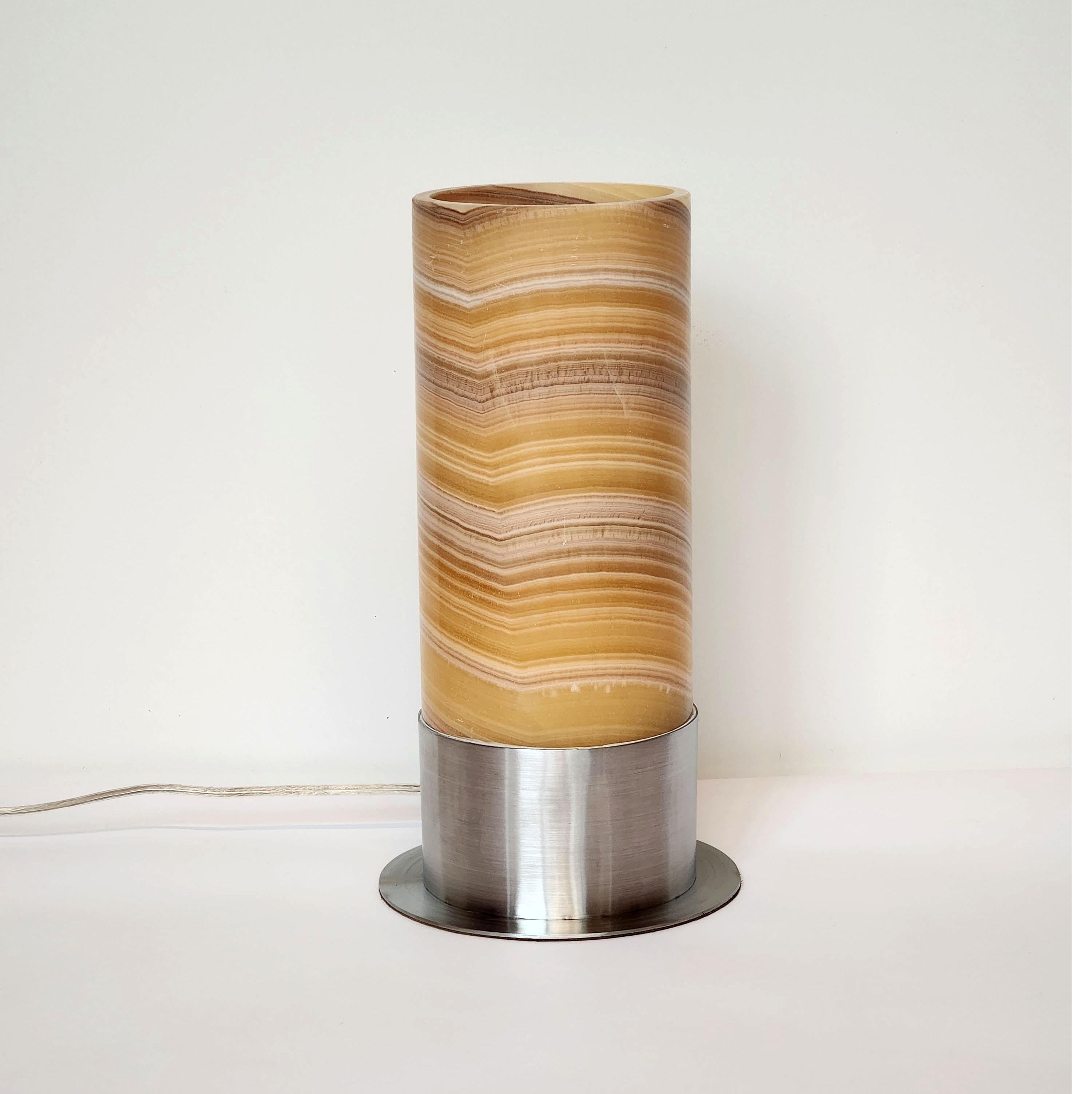 Ambient Onyx Table Lamp with Leather-Backed Stainless Steel Base In New Condition For Sale In Stratford, CT