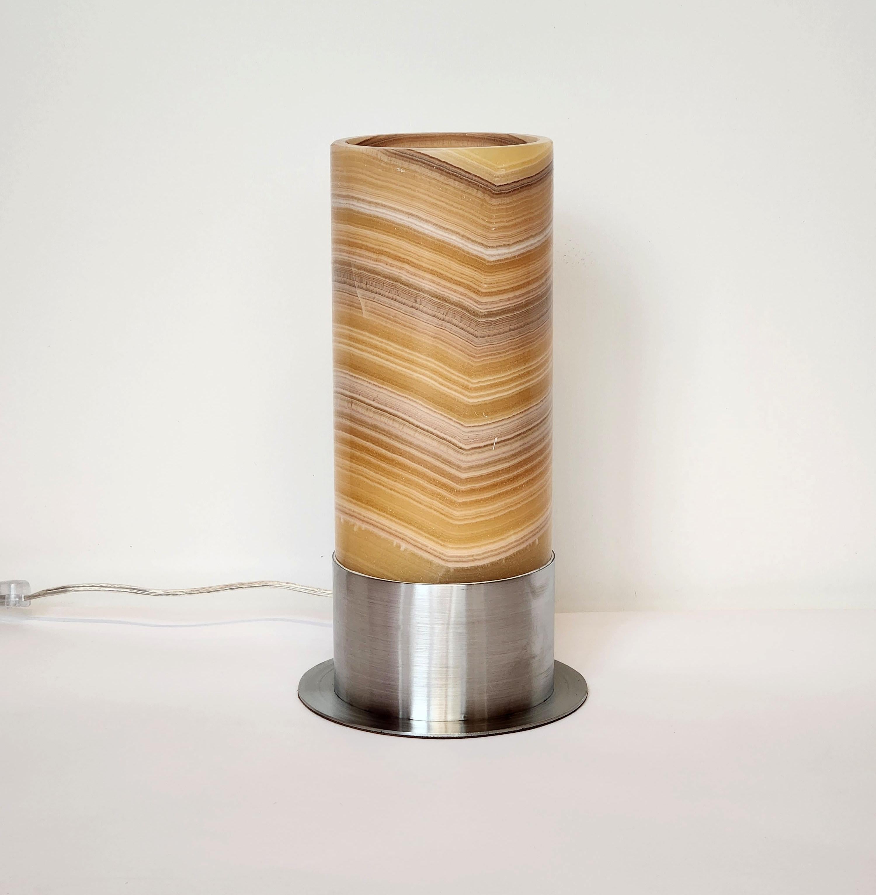 Contemporary Ambient Onyx Table Lamp with Leather-Backed Stainless Steel Base For Sale