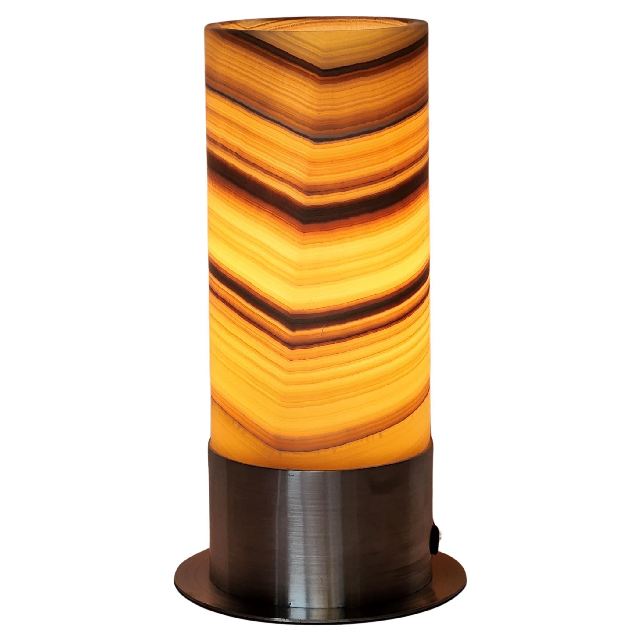 Ambient Onyx Table Lamp with Leather-Backed Stainless Steel Base For Sale