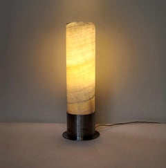 Ambient White Onyx Table Lamp with Leather-Backed Stainless Steel Base