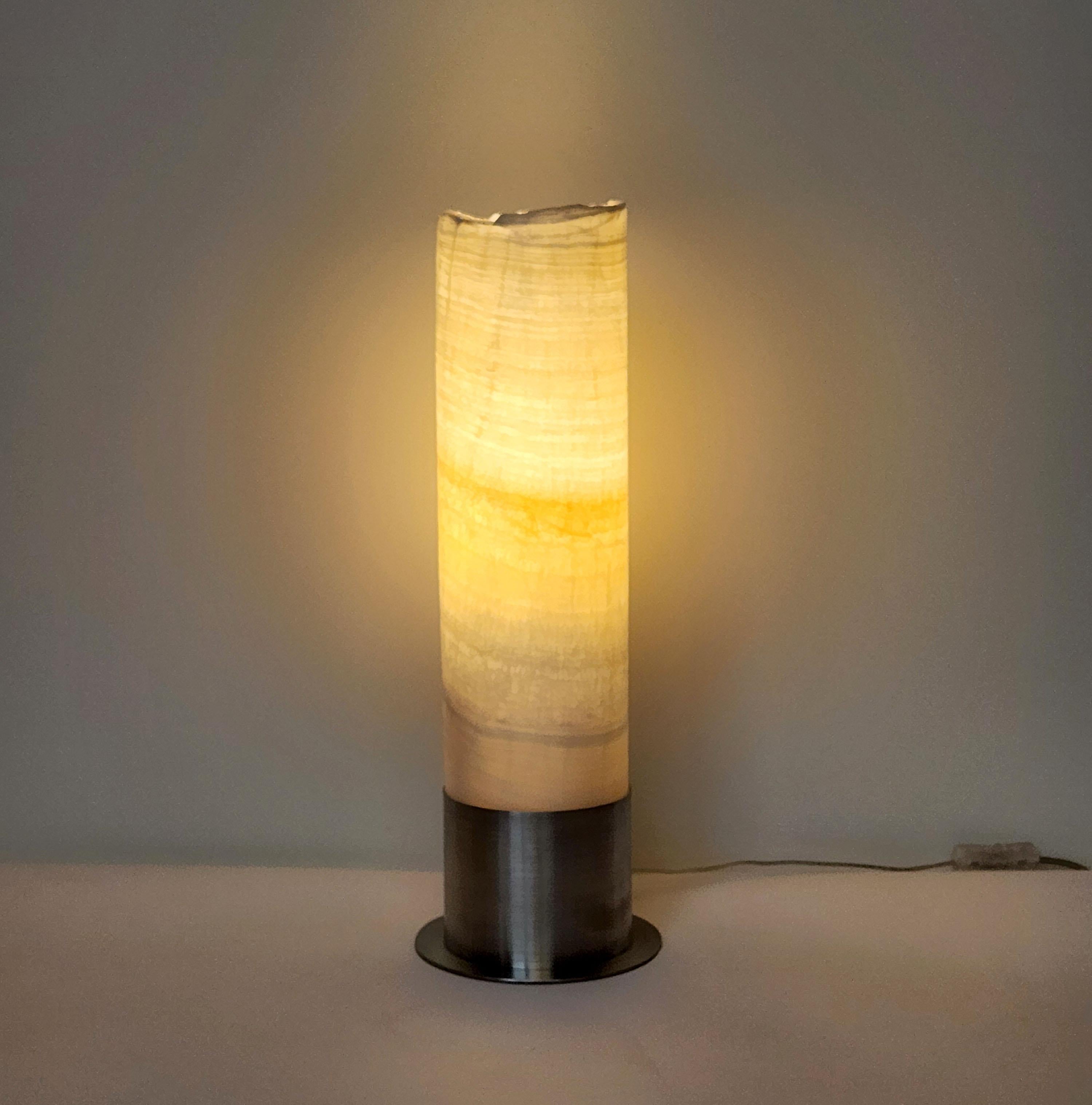 Modern Ambient White Onyx Table Lamp with Leather-Backed Stainless Steel Base For Sale
