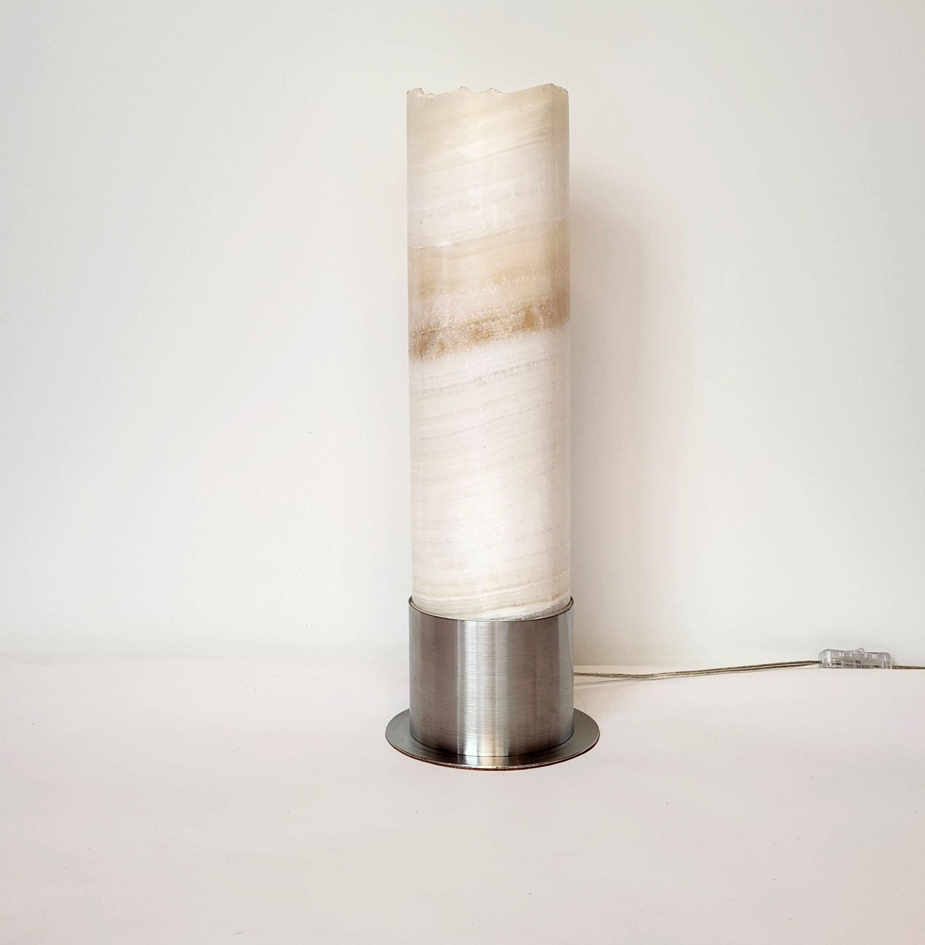 Mexican Ambient White Onyx Table Lamp with Leather-Backed Stainless Steel Base For Sale