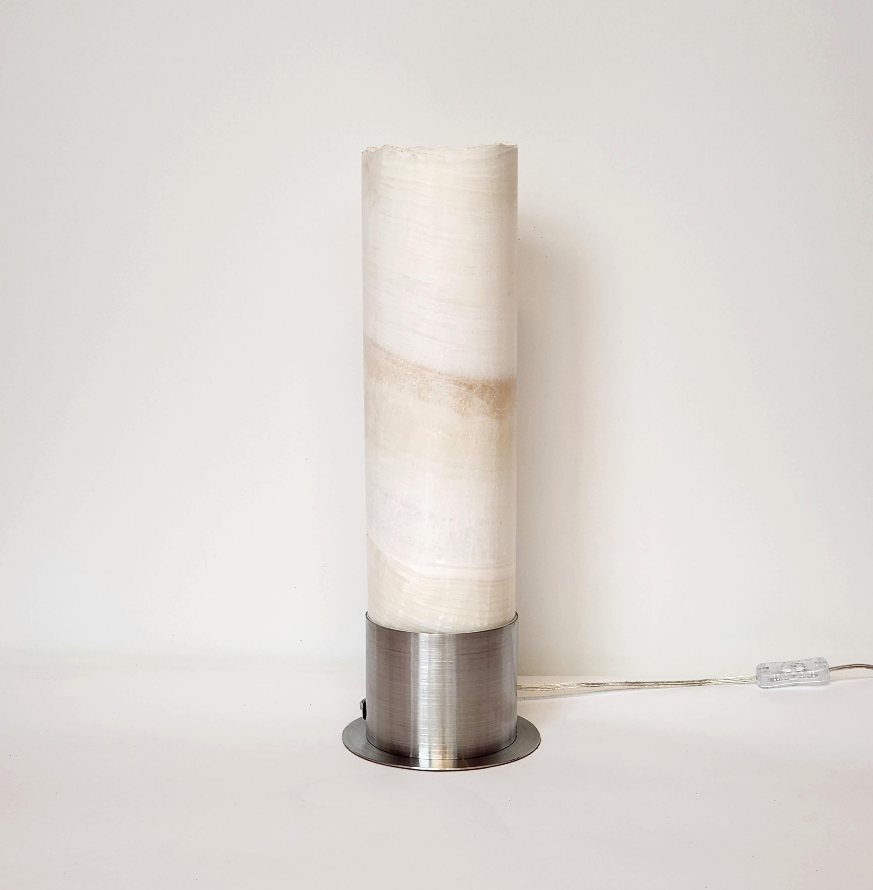 Ambient White Onyx Table Lamp with Leather-Backed Stainless Steel Base In New Condition For Sale In Stratford, CT