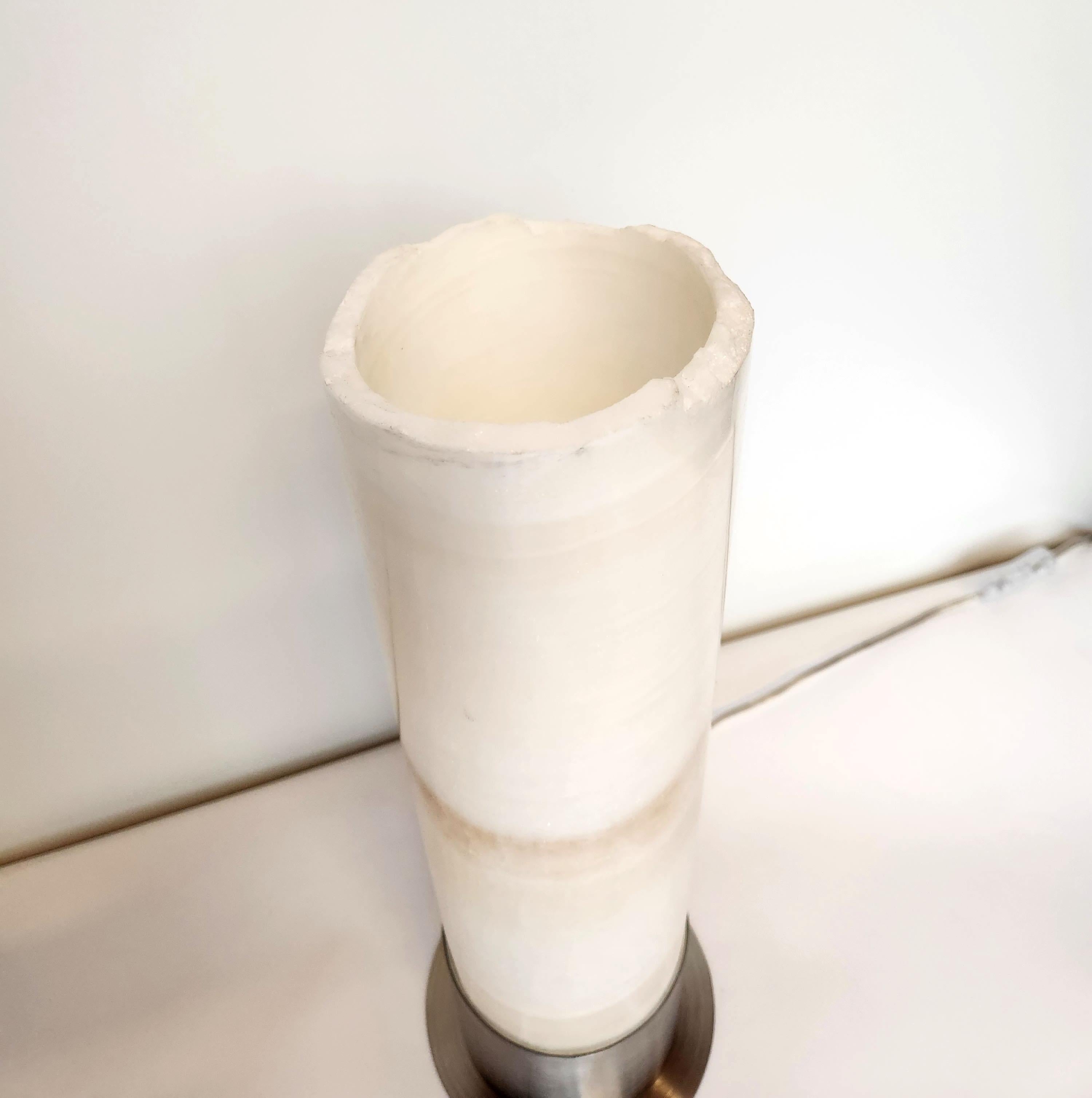 Contemporary Ambient White Onyx Table Lamp with Leather-Backed Stainless Steel Base For Sale