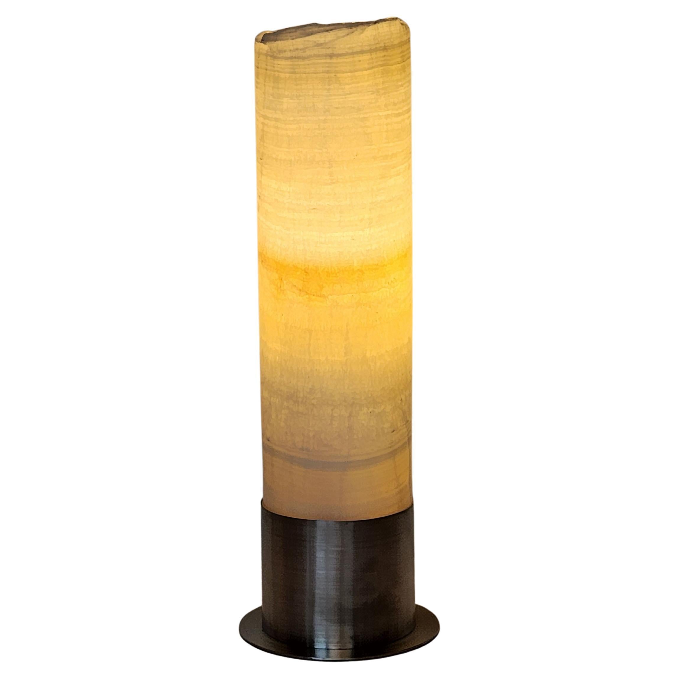 Ambient White Onyx Table Lamp with Leather-Backed Stainless Steel Base For Sale
