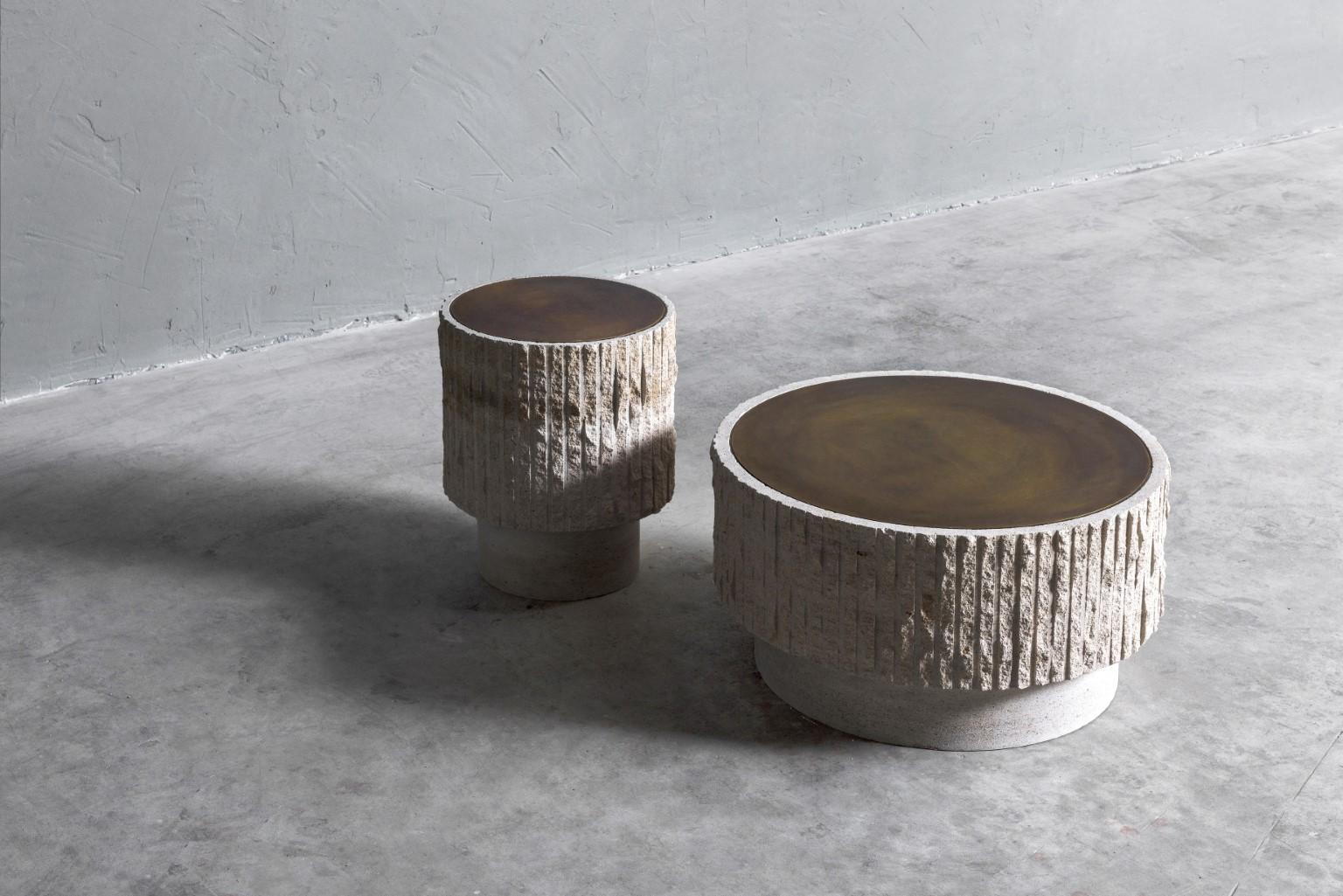 Contemporary Ambigue, Limestone and Brass Sculpted Coffee Table by Frederic Saulou For Sale