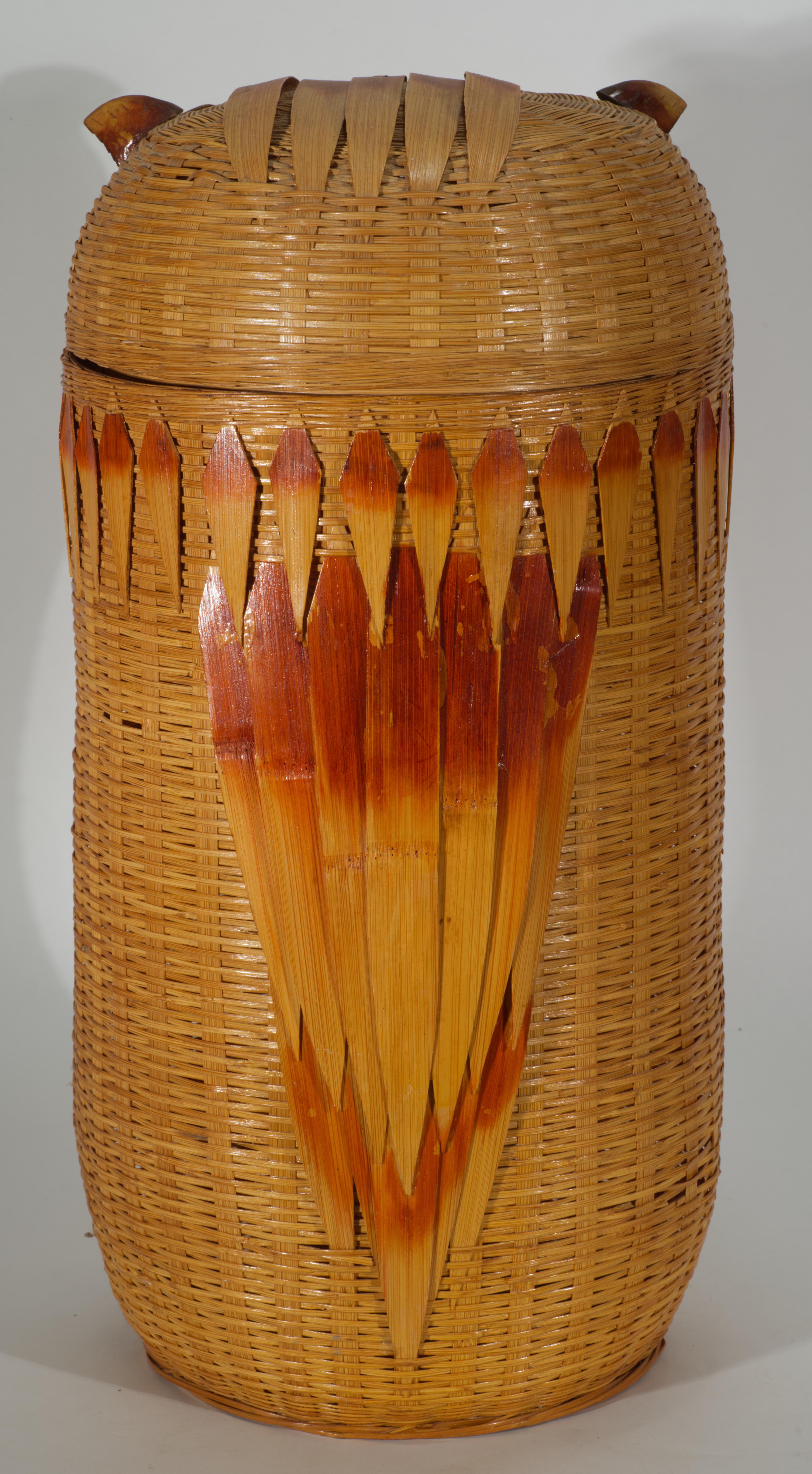 Bamboo Wicker & Wood Large Storage Basket with Owl Lid For Sale 6