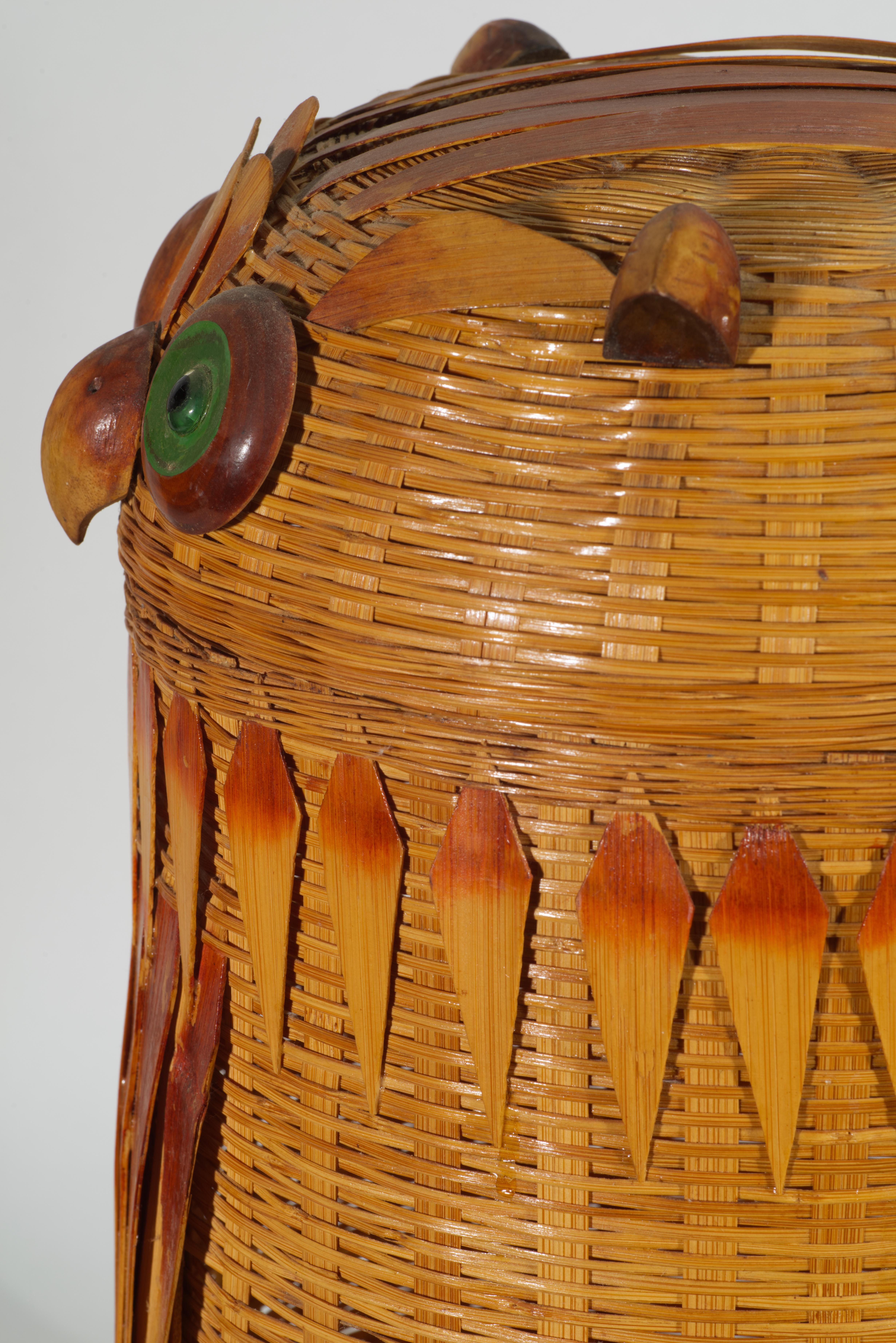 20th Century Bamboo Wicker & Wood Large Storage Basket with Owl Lid For Sale