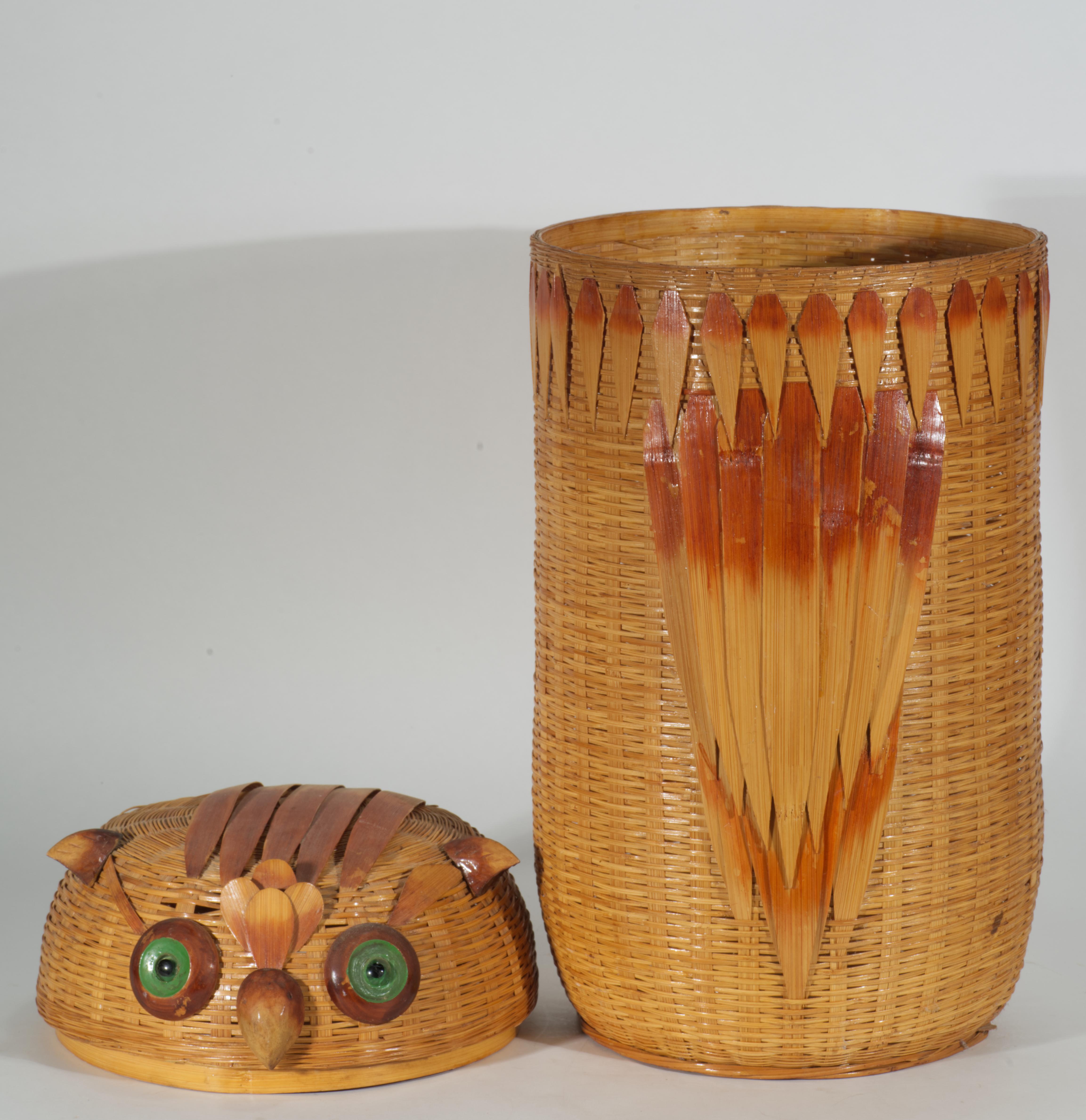 Bamboo Wicker & Wood Large Storage Basket with Owl Lid For Sale 1