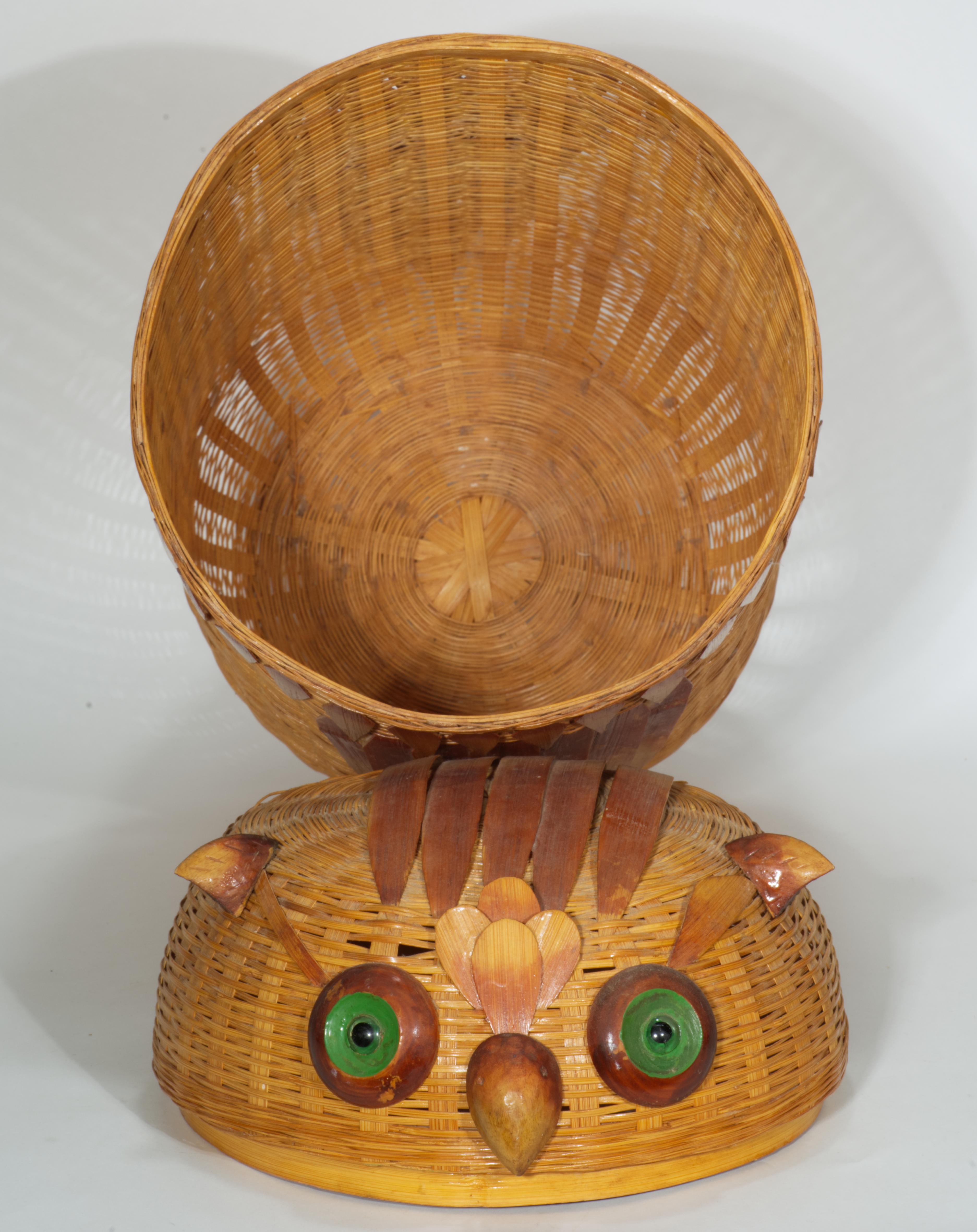 Bamboo Wicker & Wood Large Storage Basket with Owl Lid For Sale 2