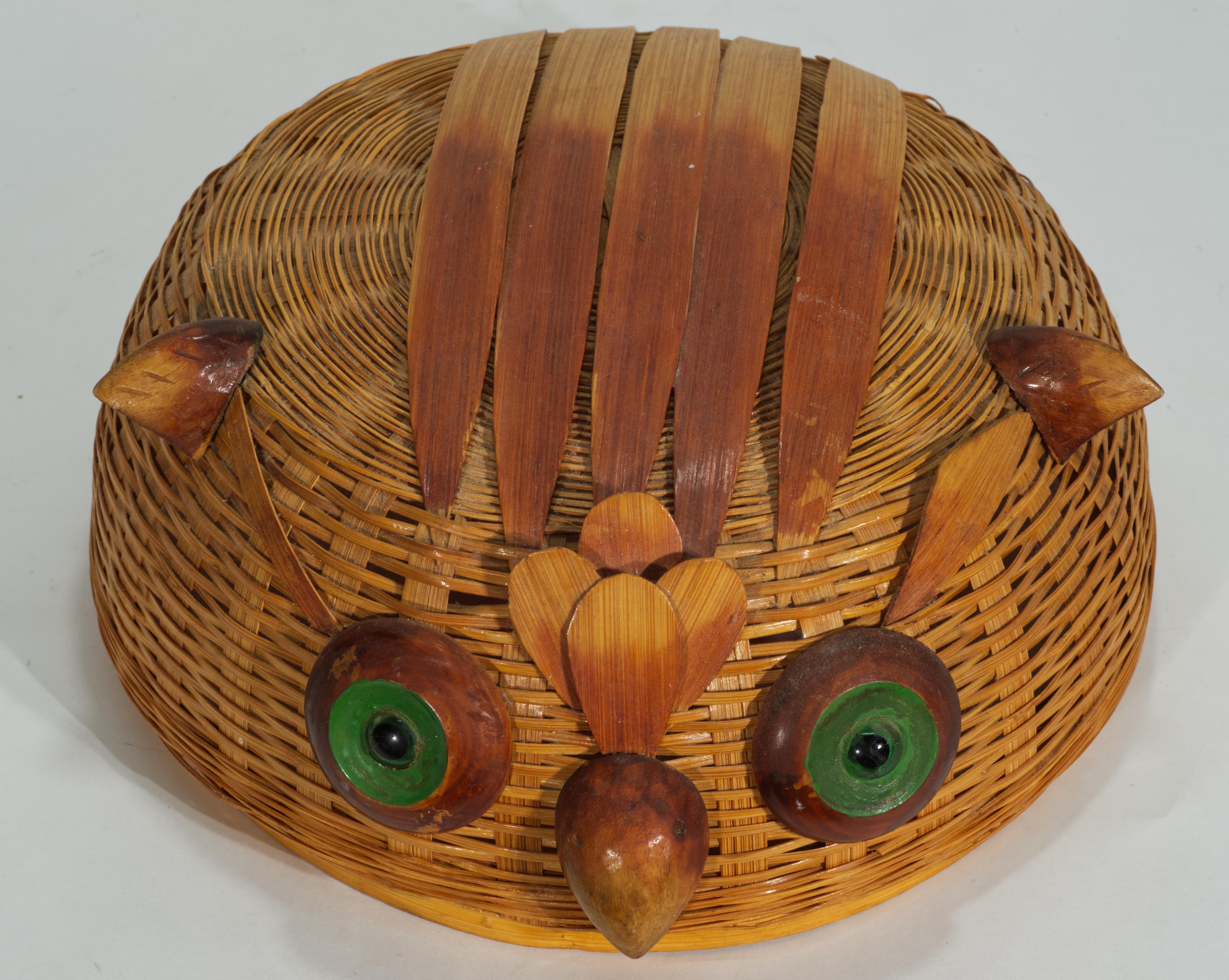 Bamboo Wicker & Wood Large Storage Basket with Owl Lid For Sale 3