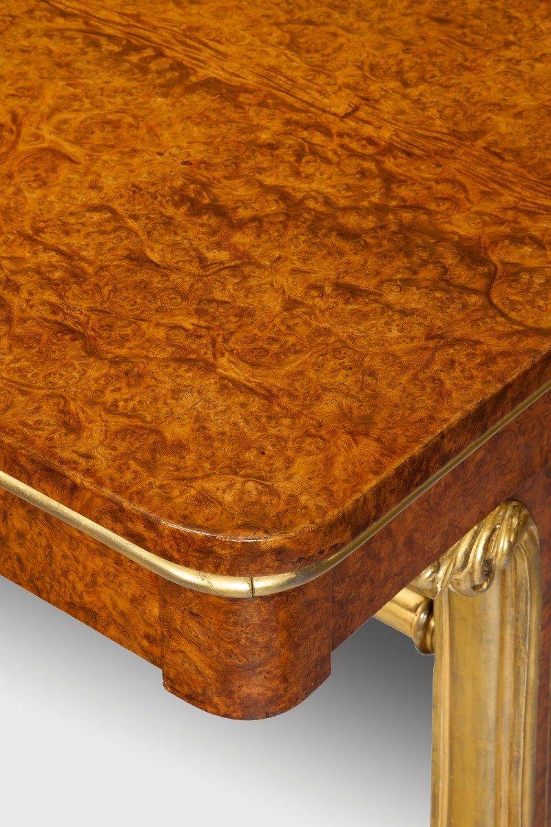 Mesa de biblioteca de amboyna y dorada atribuida a Morel & Seddon en Bueno estado para la venta en Lymington, Hampshire