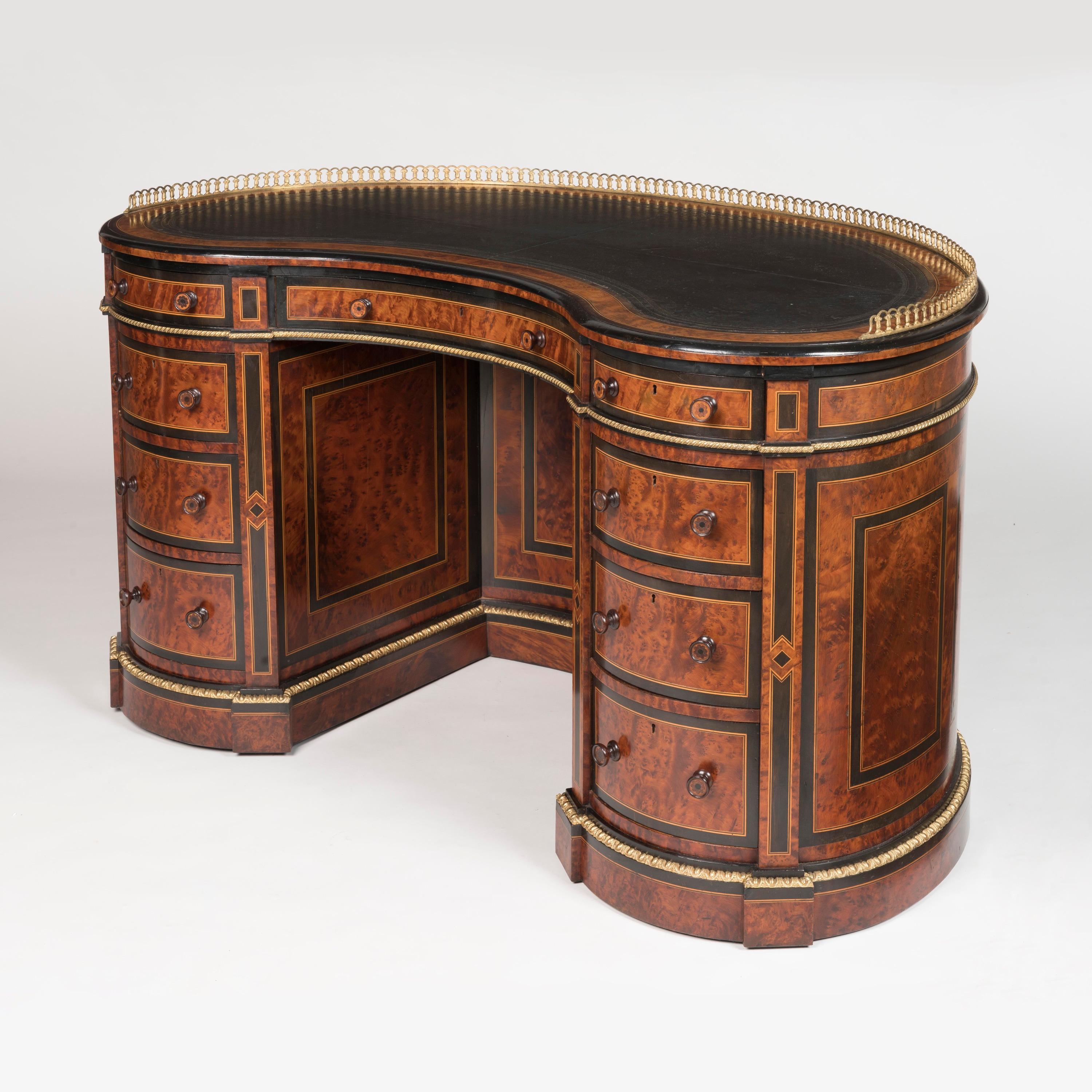 Victorian Amboyna Burl Kidney Desk with Gilt Bronze, attributed to Gillows, circa 1870 For Sale
