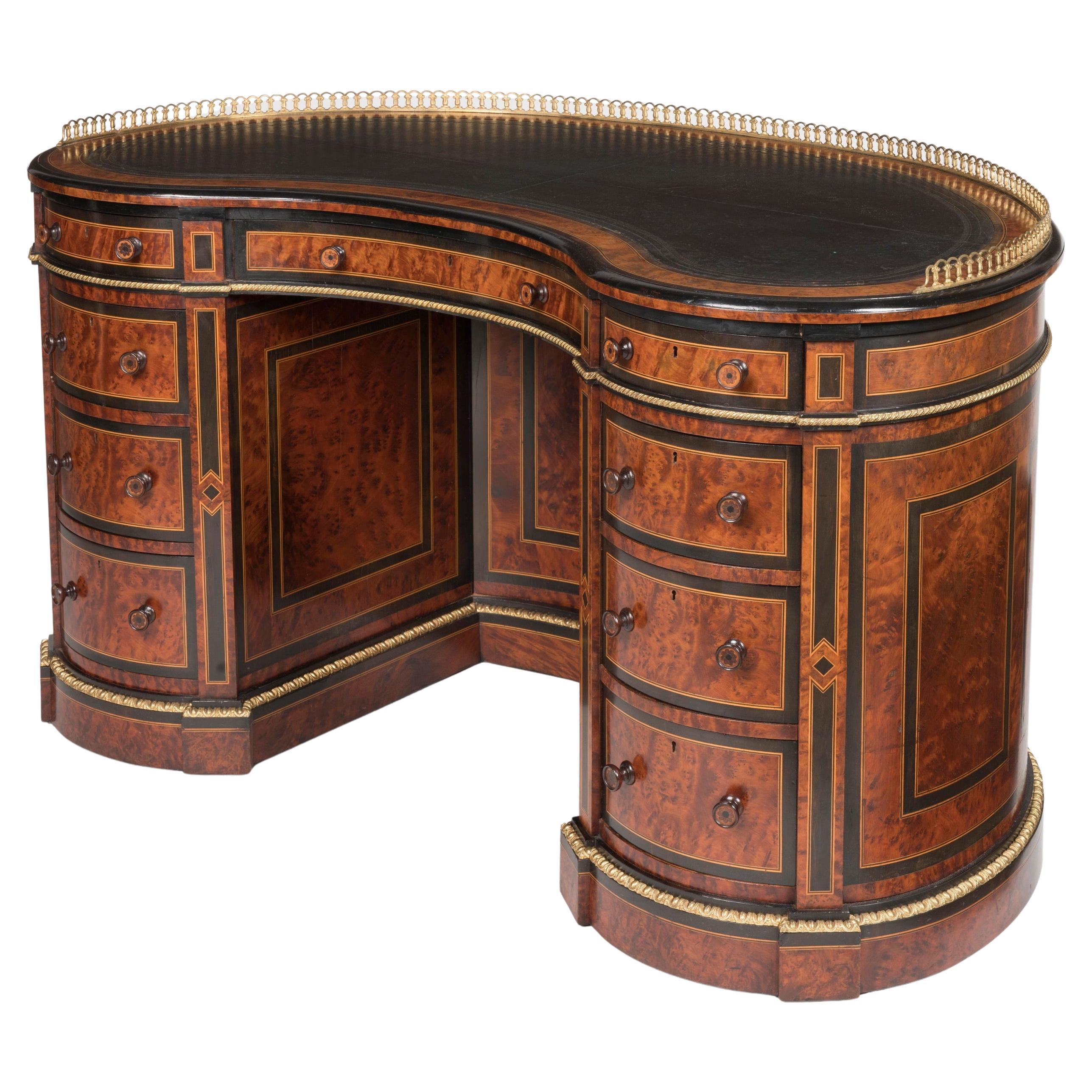 Amboyna Burl Kidney Desk with Gilt Bronze, attributed to Gillows, circa 1870 For Sale
