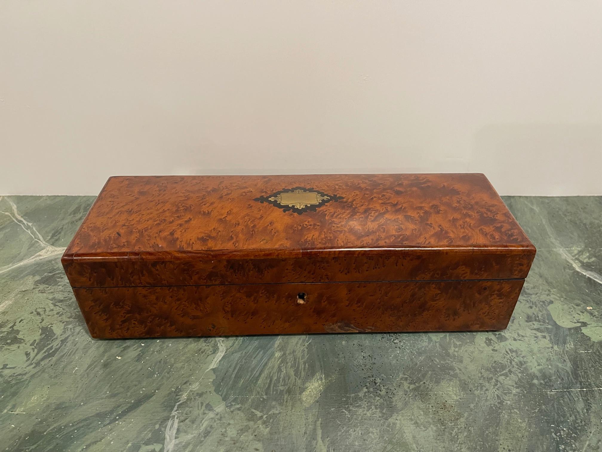 English Amboyna Burl Wood and Brass-Inlaid Glove Box, Late 19th Century For Sale